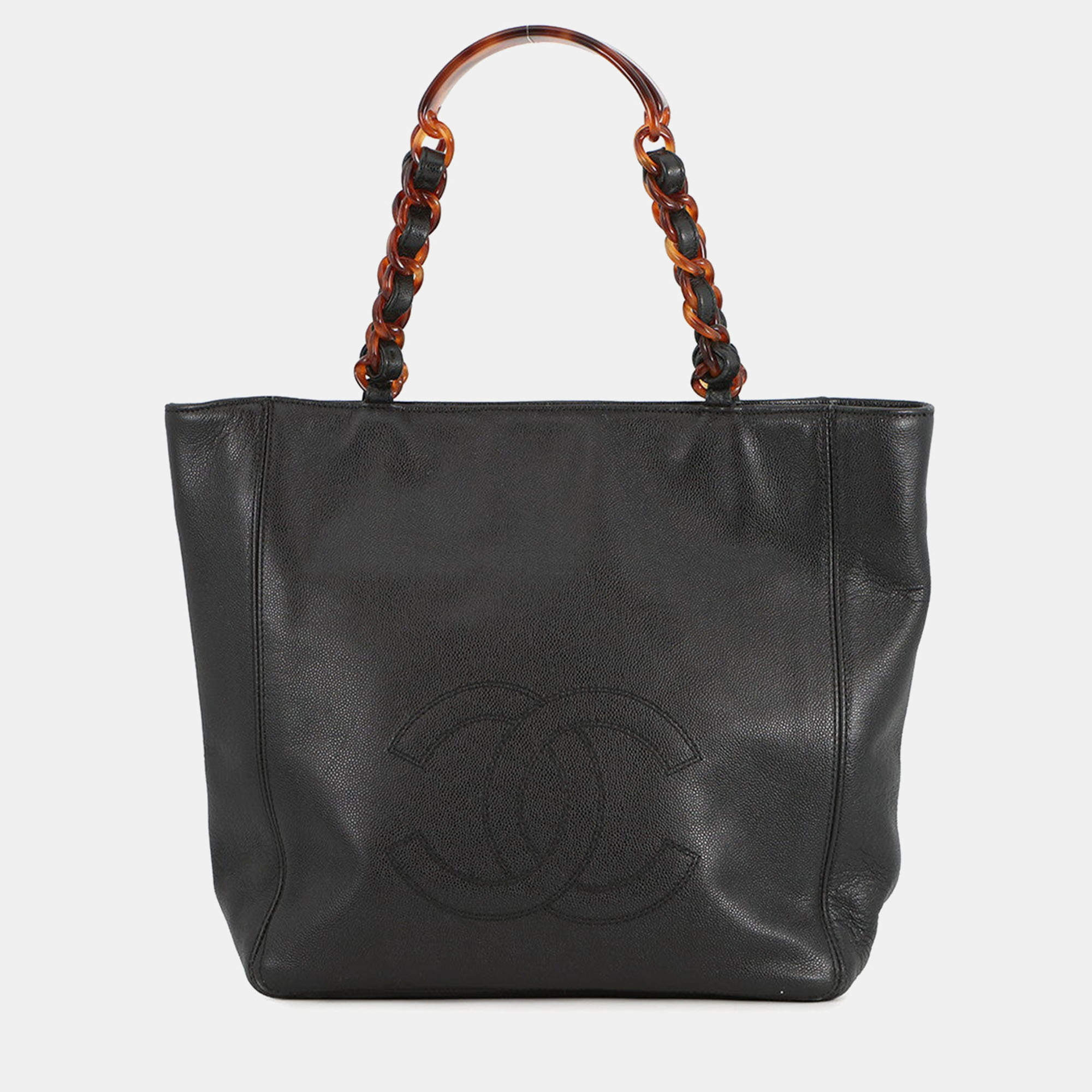 مملوكة مسبقًا حقيبة توت شانيل سلسلة بلاستيك بشعار Cc جلد كافيار أسود/بني