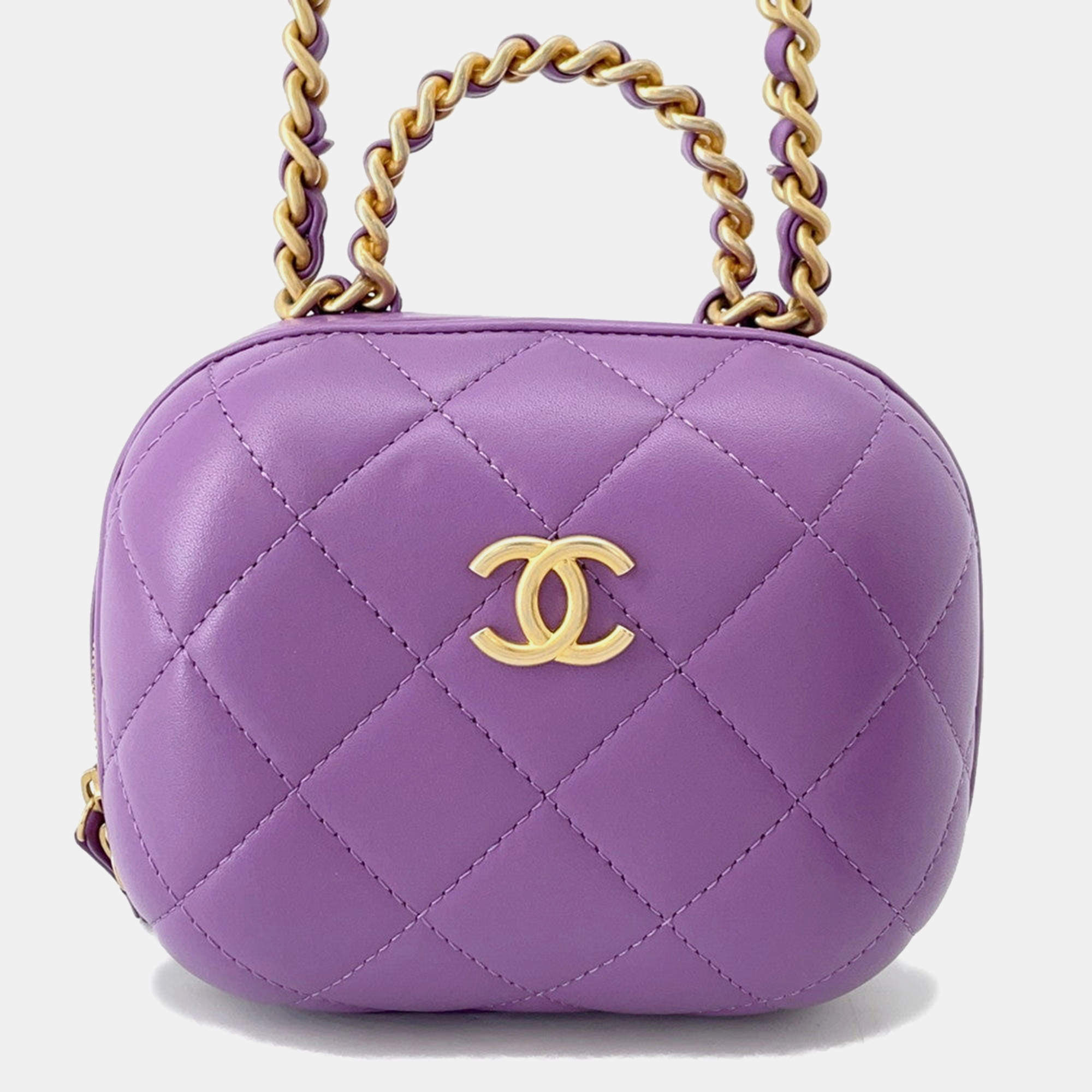 Pre Owned Chanel Matelasse Top Handle Vanity 2-Way Chain shoulder Bag Purple Lambskin Size Small
