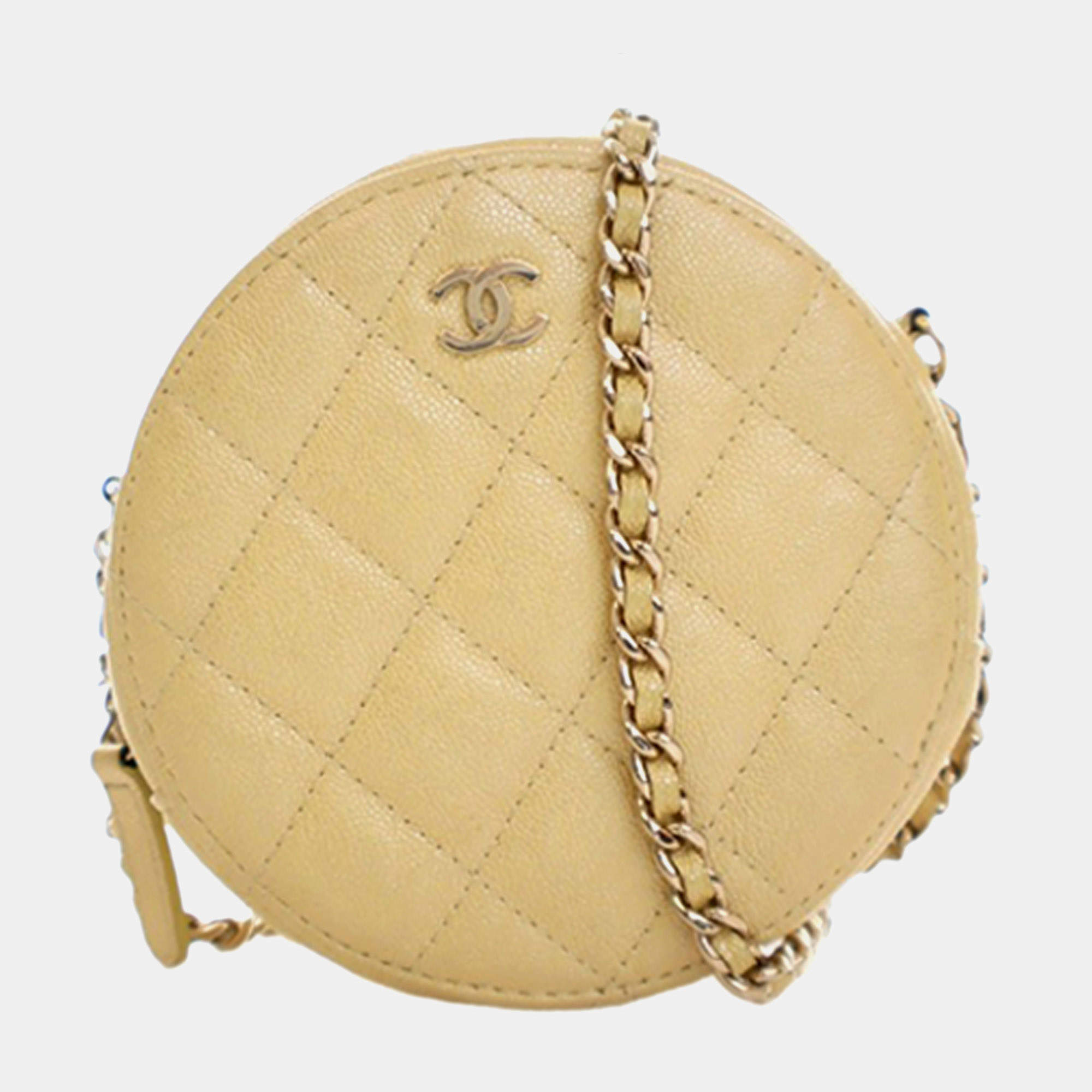 Pre Owned Chanel Yellow CC Quilted Caviar Round Clutch With Chain