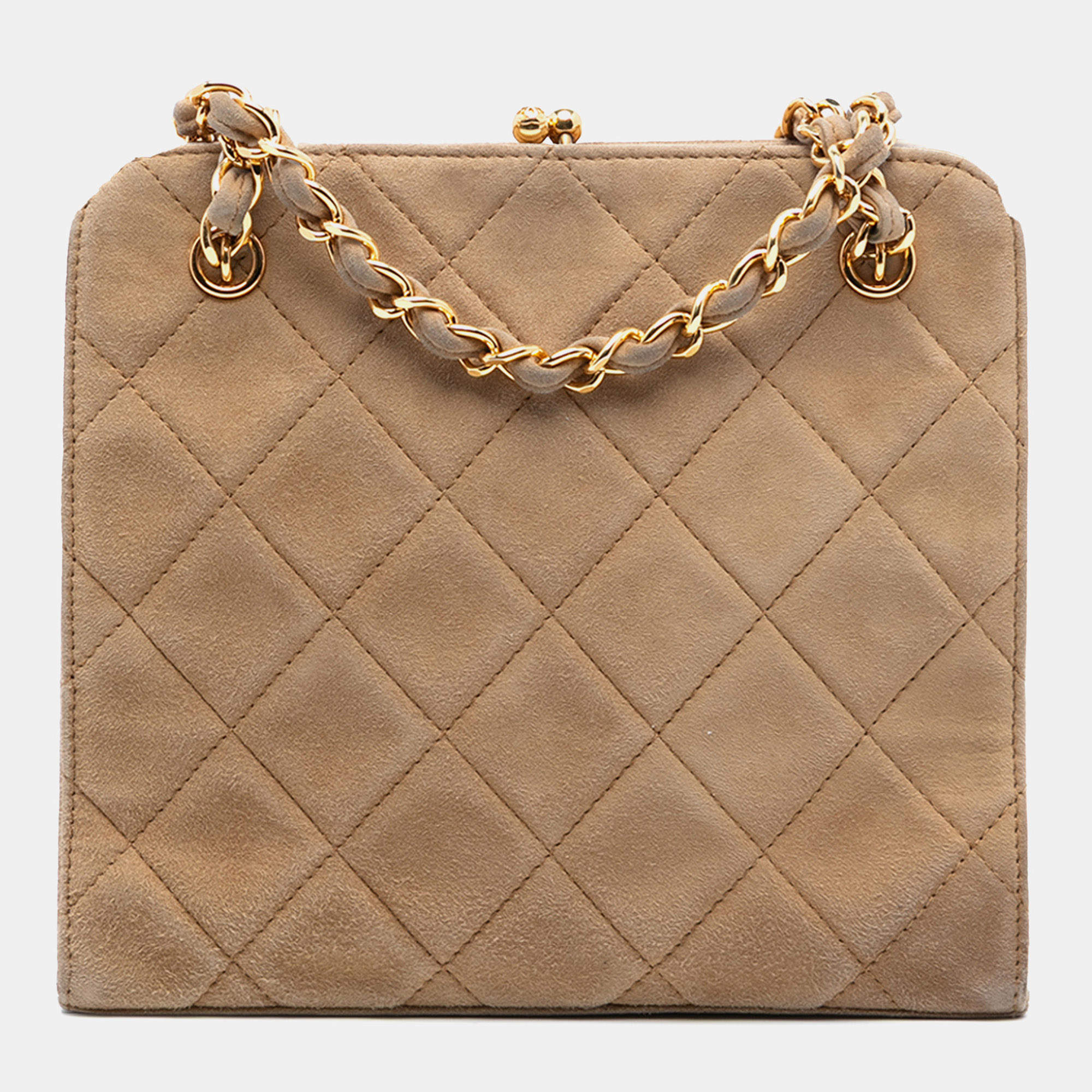 Pre Owned Chanel Brown CC Quilted Suede Kiss Lock Handbag