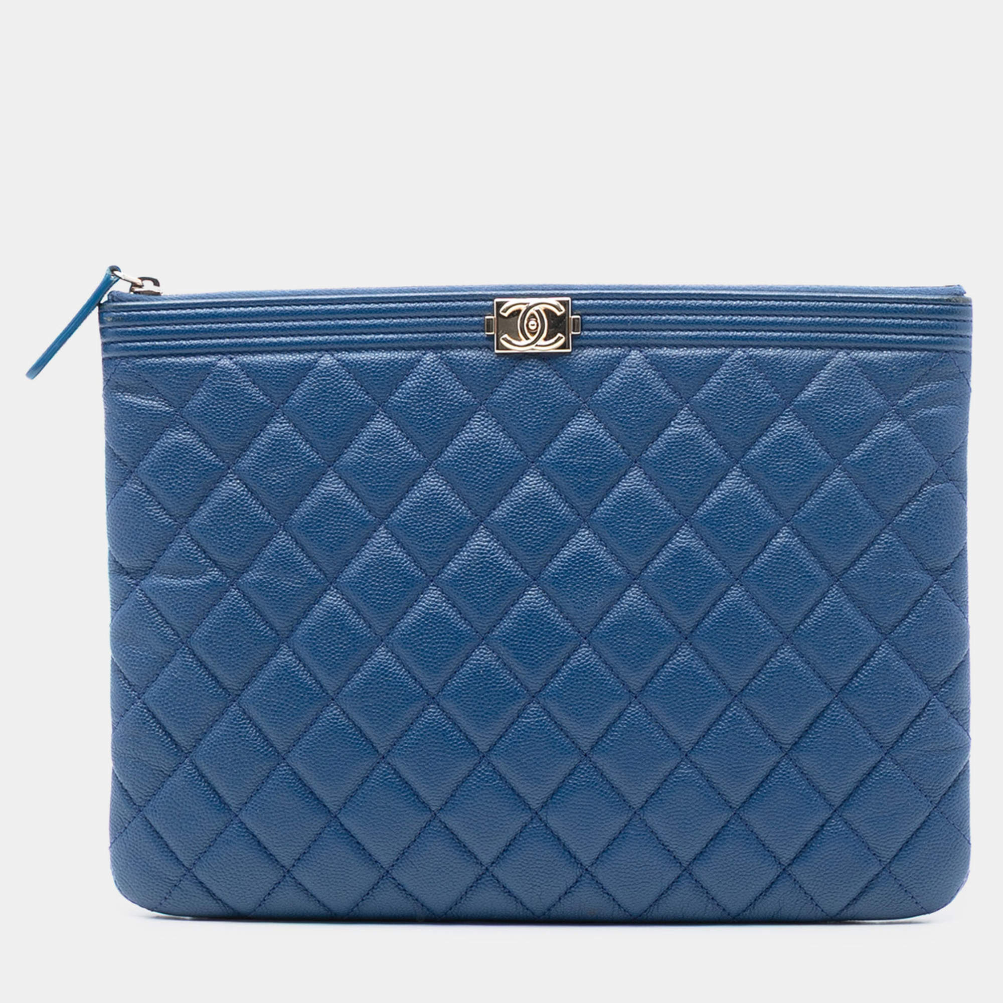 Pre Owned Chanel Blue Medium Quilted Caviar Boy O Case Clutch