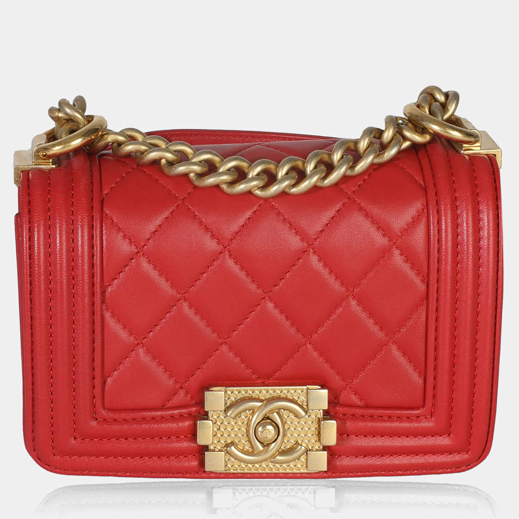 Pre Owned Chanel Boy Mini Red Quilted Lambskin Leather Bag