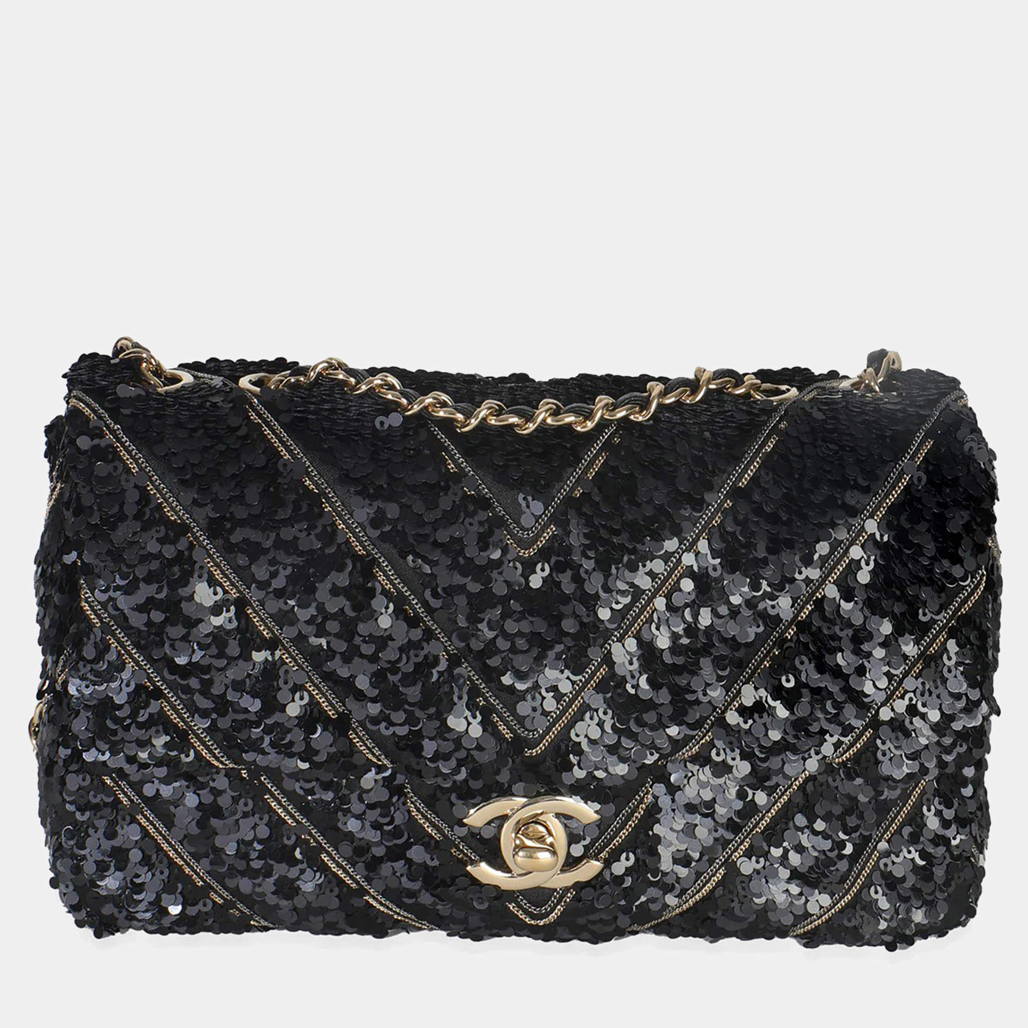 Pre Owned Chanel Chevron Chain Single Flap Mini Black Silk Sequin Flap Bag