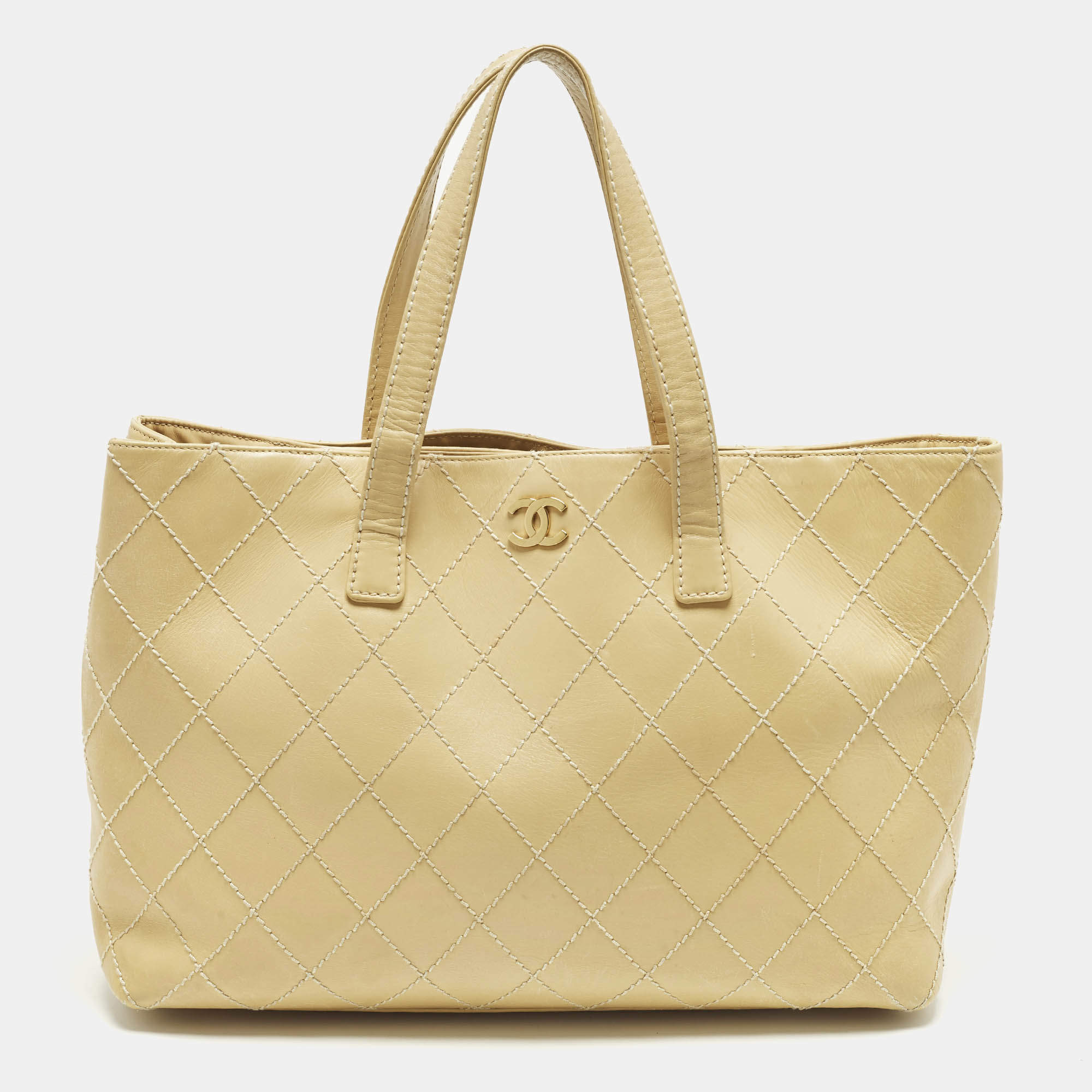 Pre Owned Chanel CC Cream Quilted Wildstitched Leather Shopper Tote