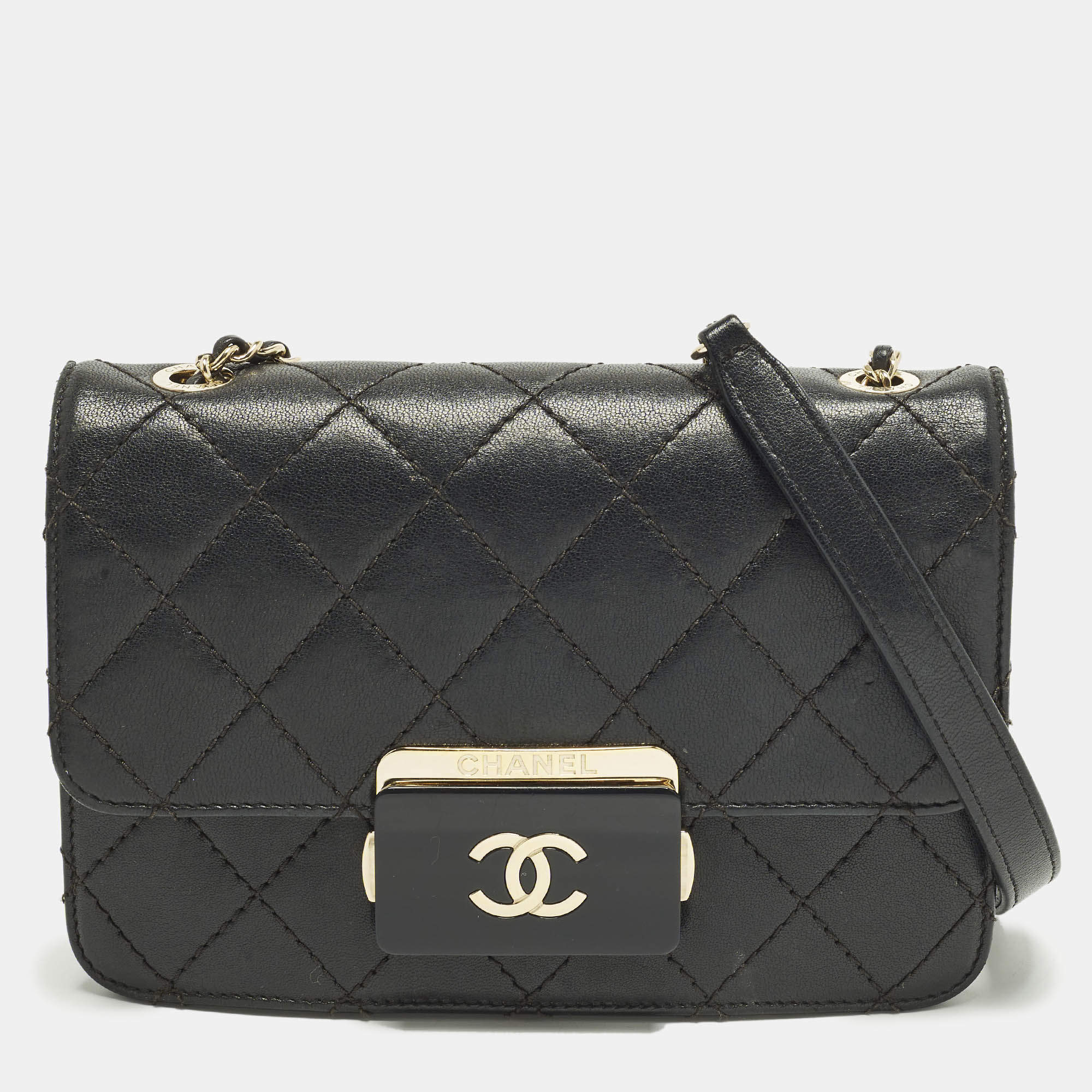 Pre Owned Chanel Beauty Lock Small Black Quilted Leather Flap Bag