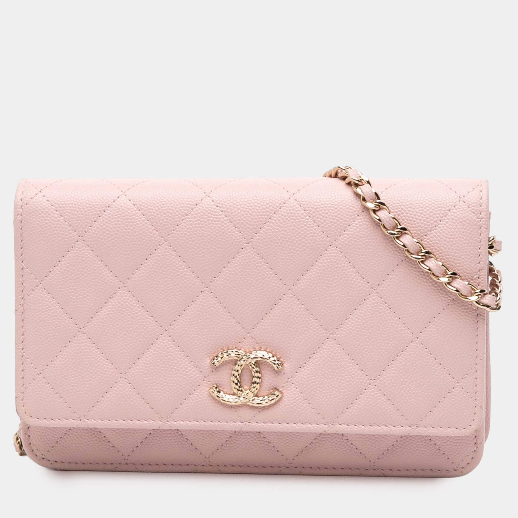 مملوكة مسبقًا محفظة شانيل CC وردية مبطنة كافيار على سلسلة