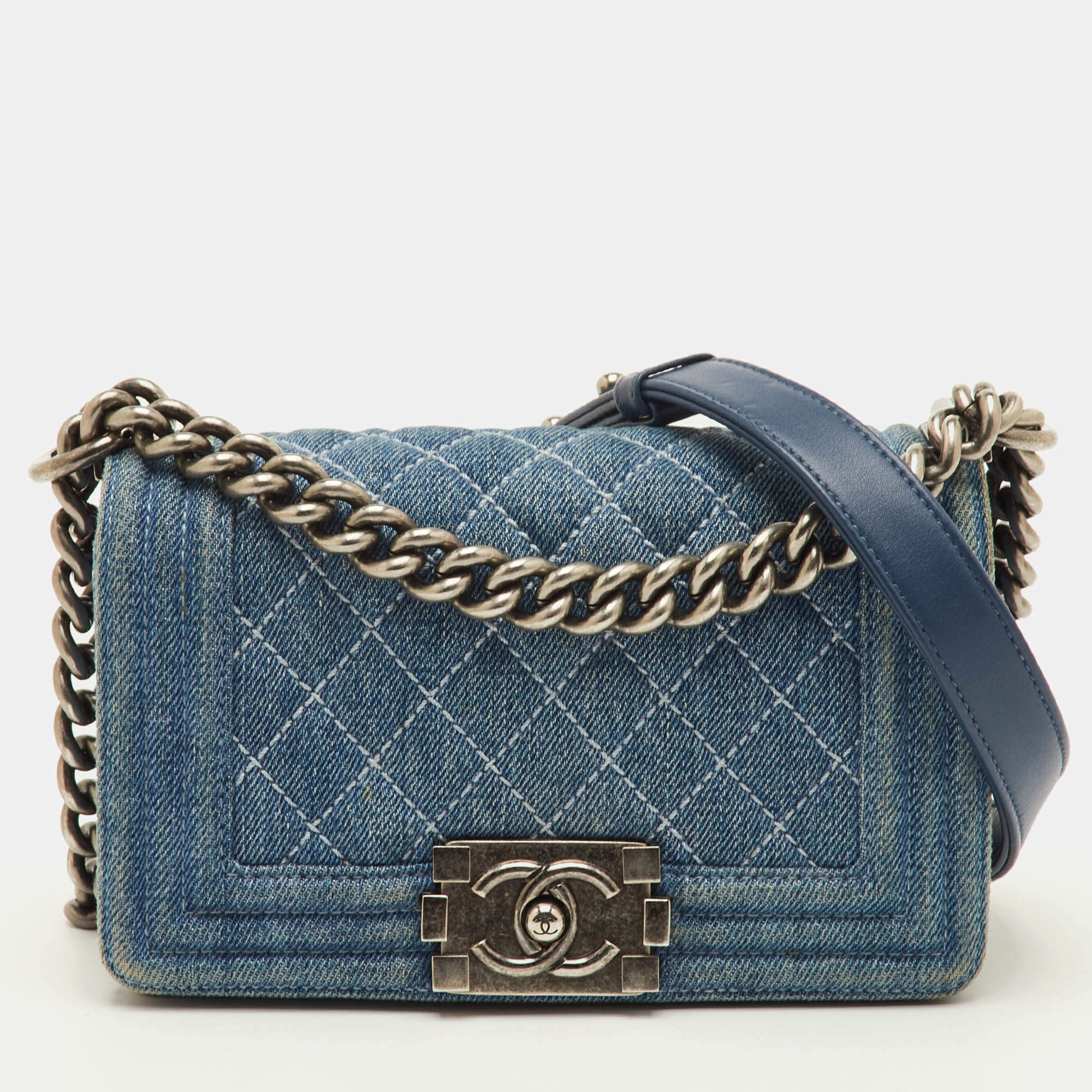 Pre Owned Chanel Boy Blue Small Quilted Denim Flap Bag