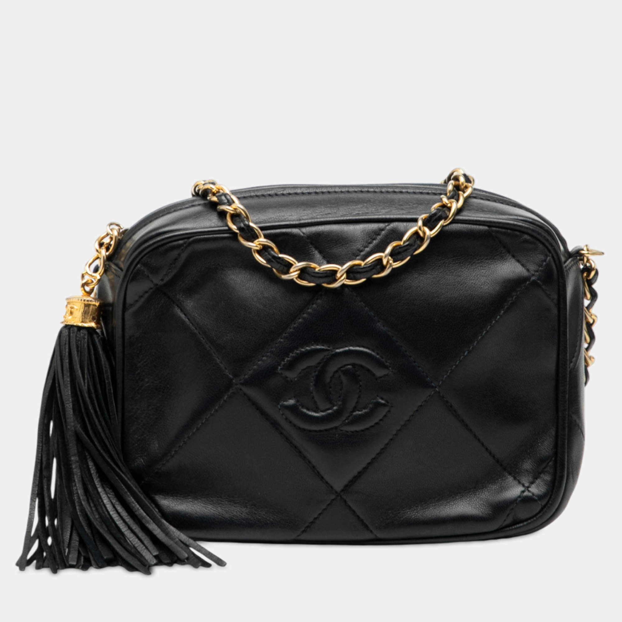 Pre Owned Chanel Black CC Quilted Lambskin Tassel Camera Bag