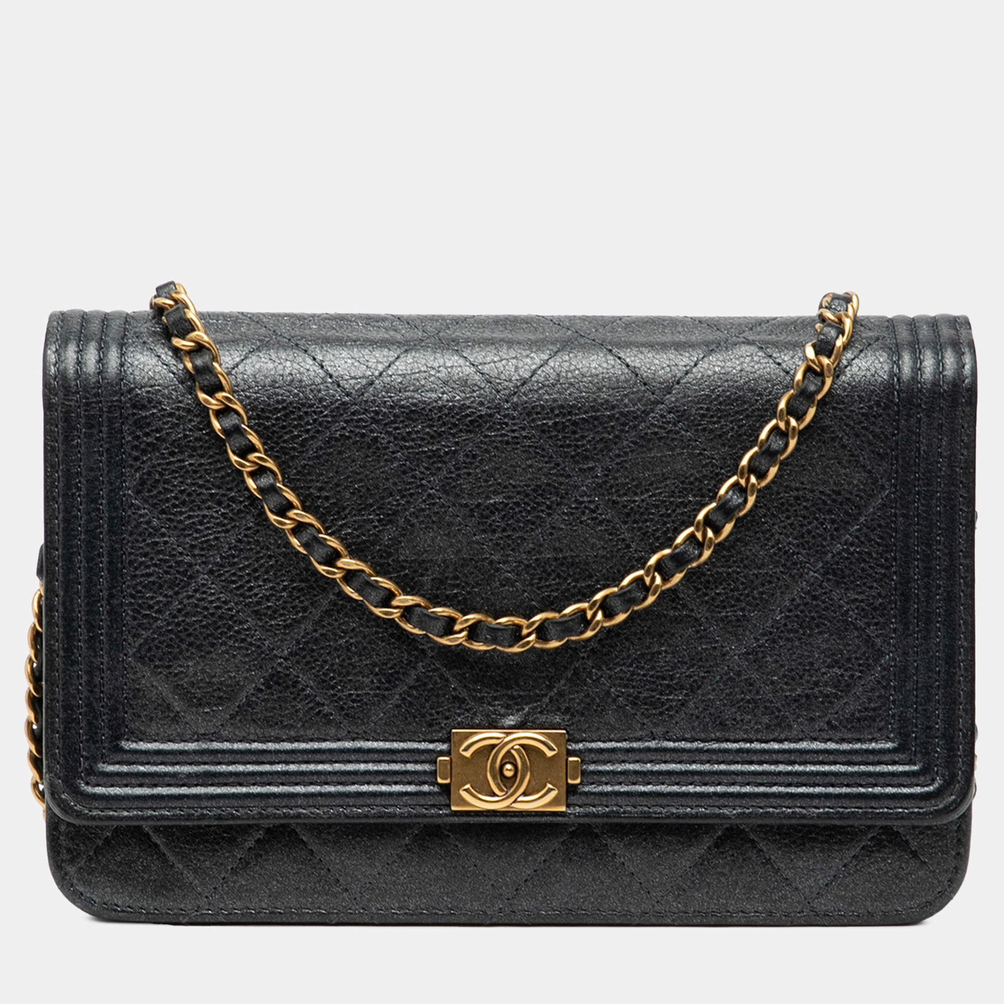 Pre Owned Chanel Black Quilted Calfskin Boy Wallet on Chain