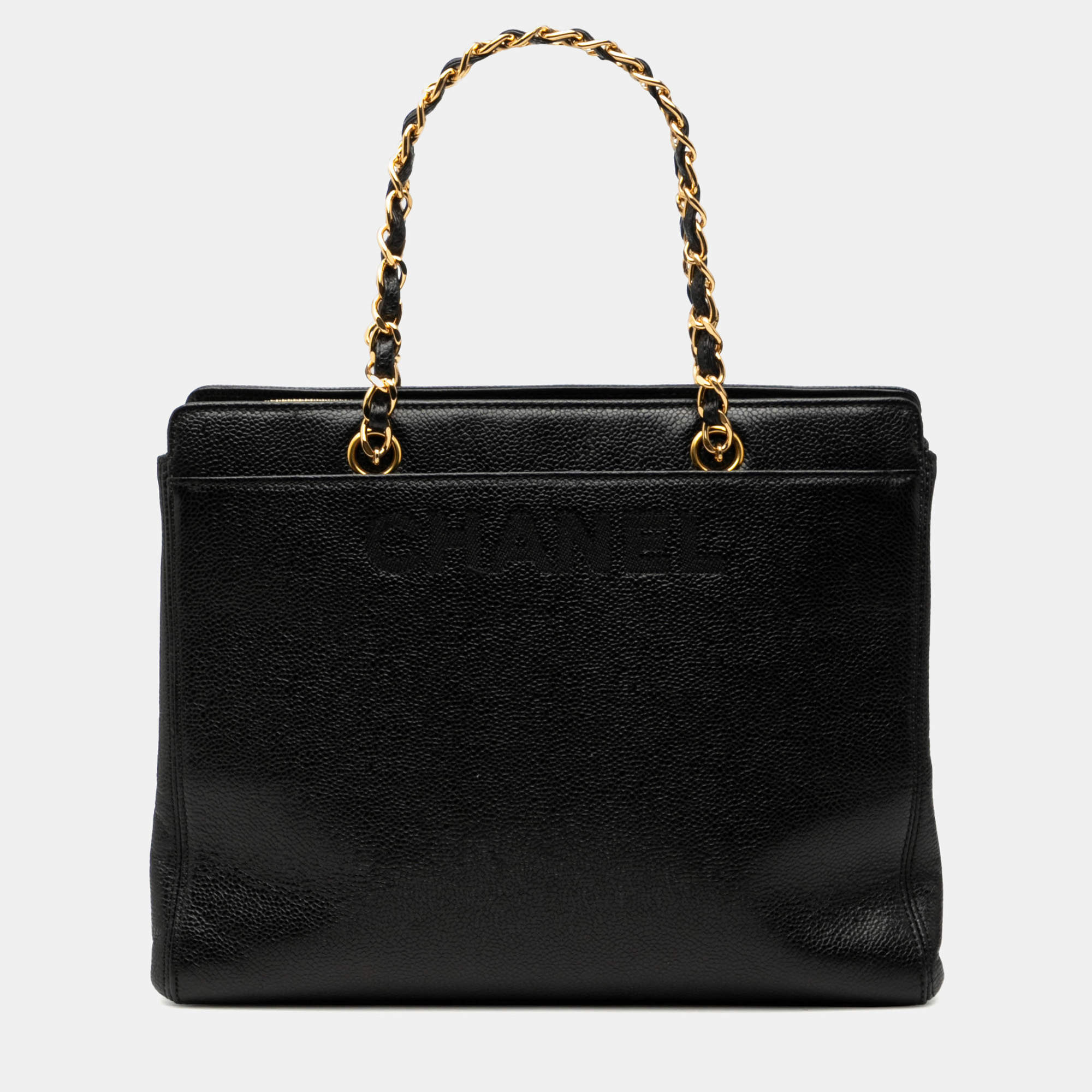 Pre Owned Chanel Black Caviar Logo Chain Tote