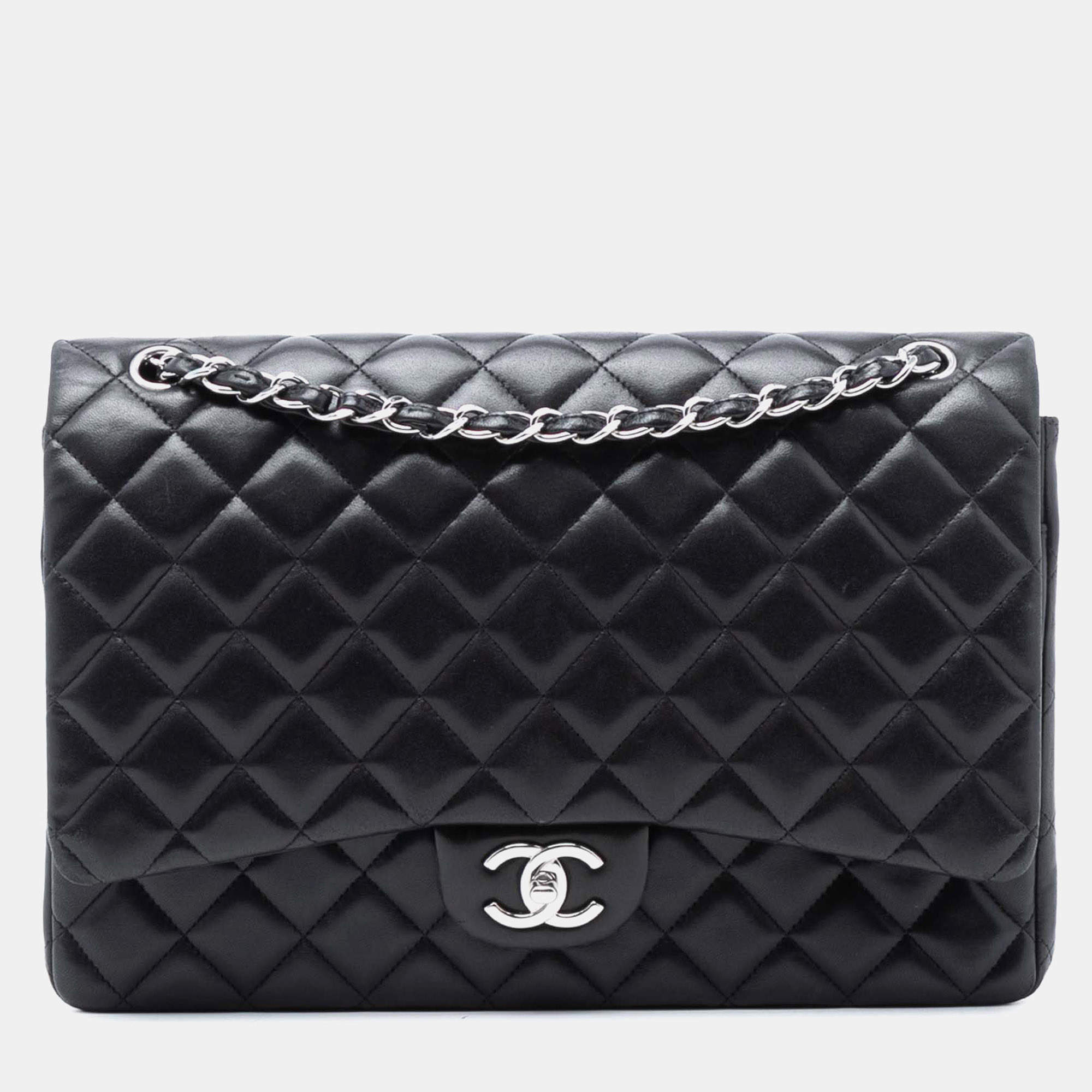 Pre Owned Chanel Black Maxi Classic Lambskin Double Flap