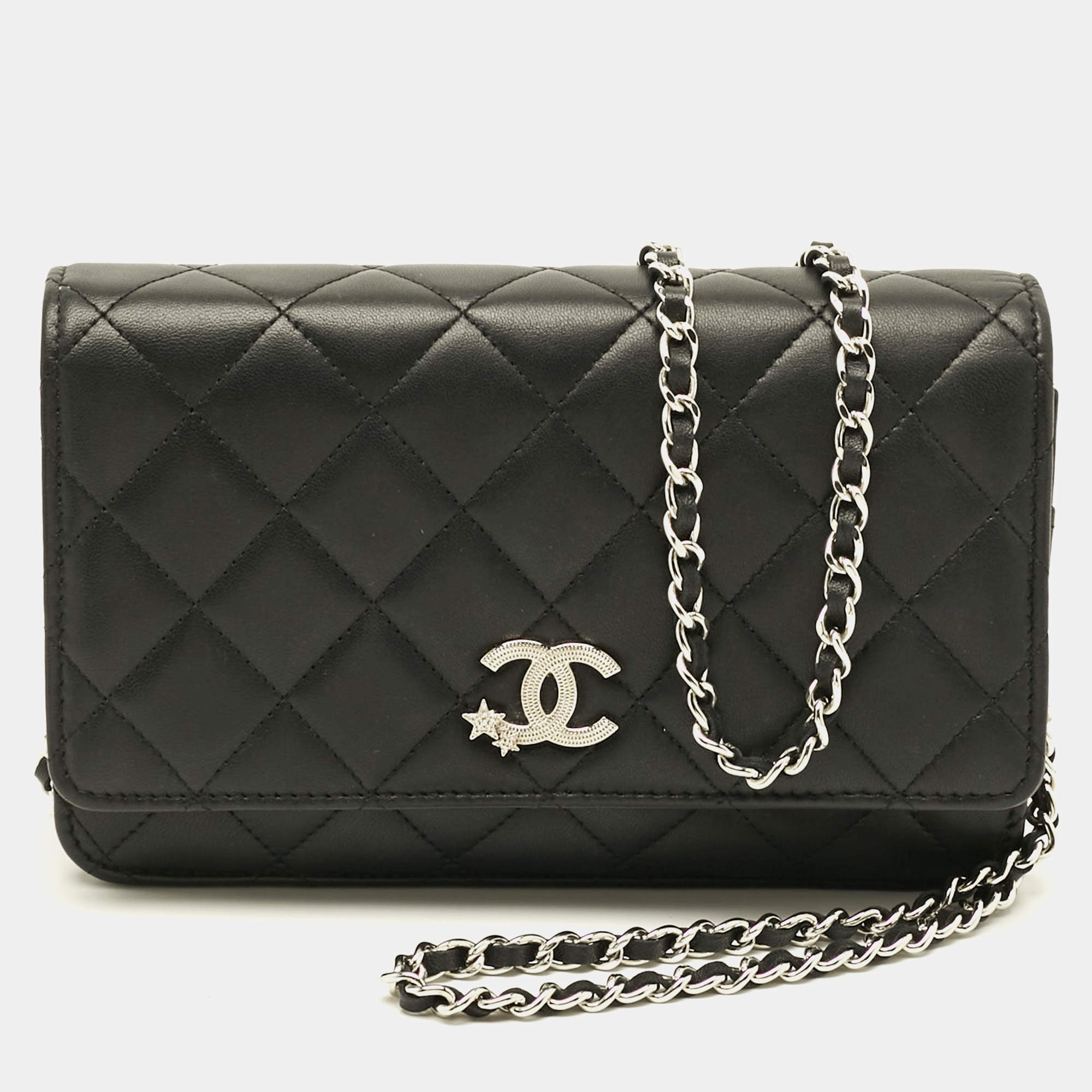 Pre Owned Chanel CC Crystal Star Black Quilted Leather Wallet On Chain