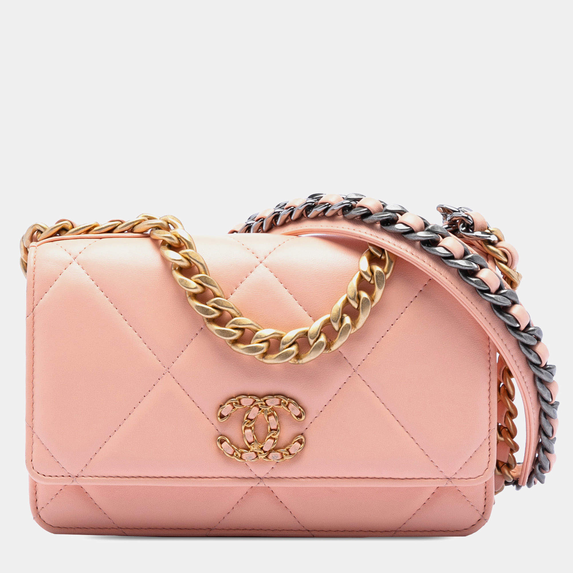 Pre Owned Chanel Pink Quilted Lambskin 19 Wallet on Chain