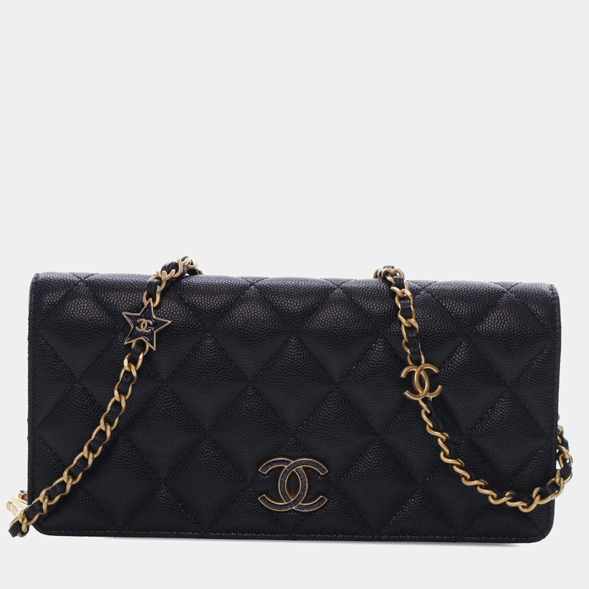 Pre Owned Chanel Black Quilted Caviar Glitter CC Roller Skate Clutch With Chain
