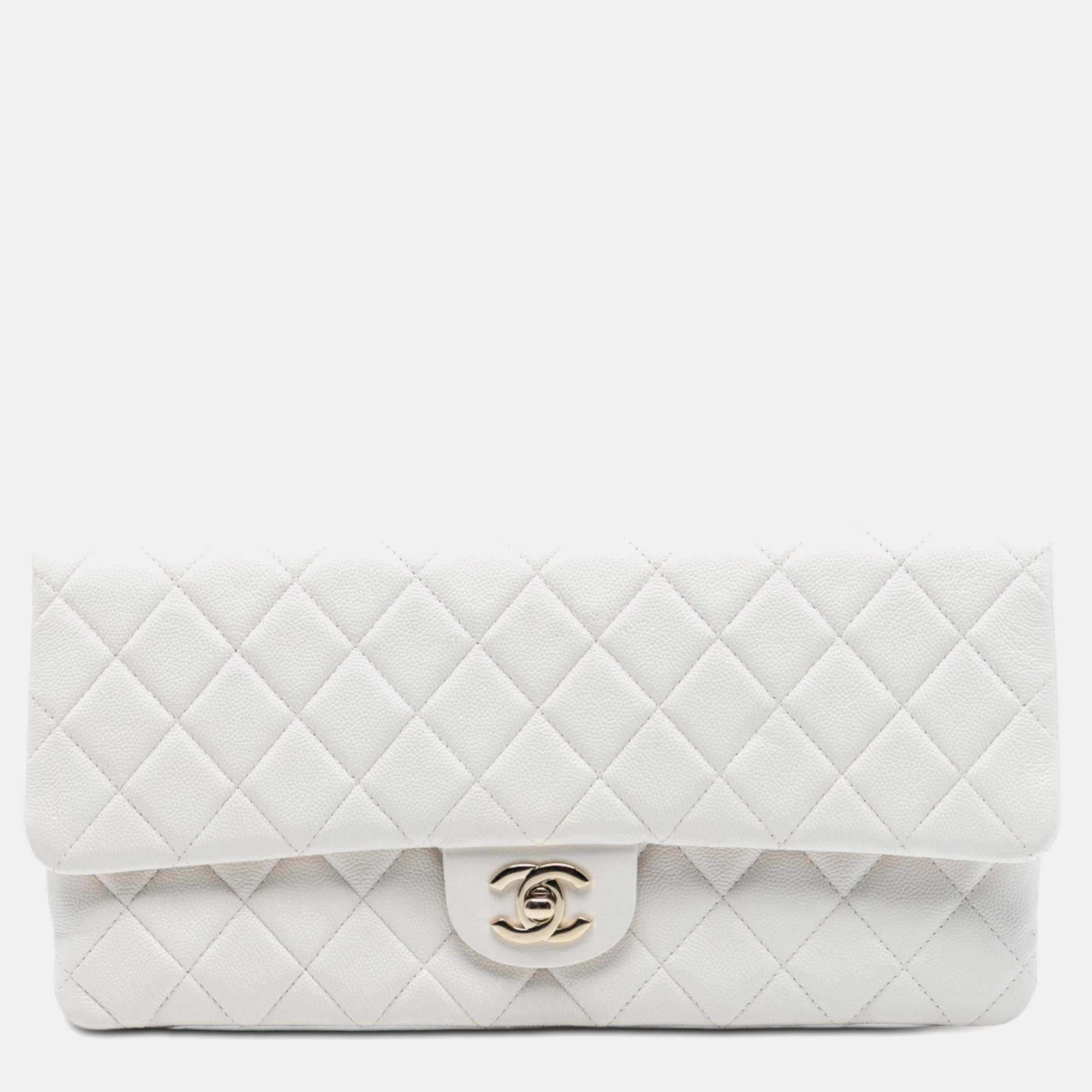 Pre Owned Chanel White Quilted Caviar East West Flap Clutch