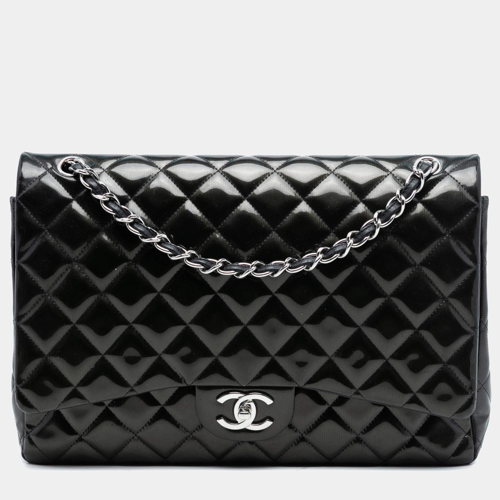 مملوكة مسبقًا Chanel Black Maxi Classic Striped Patent Double Flap