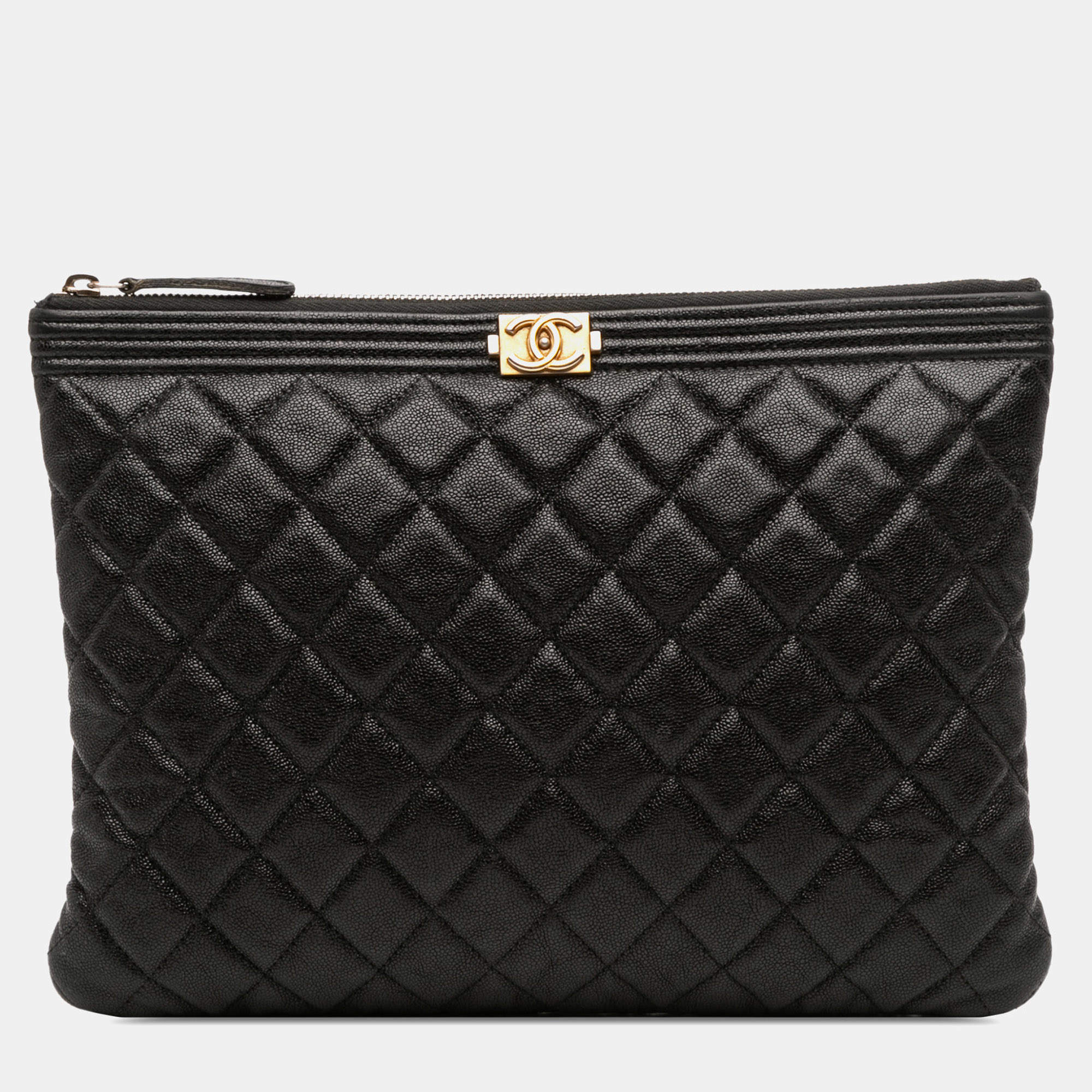Pre Owned Chanel Black Medium Quilted Caviar Boy O Case Clutch