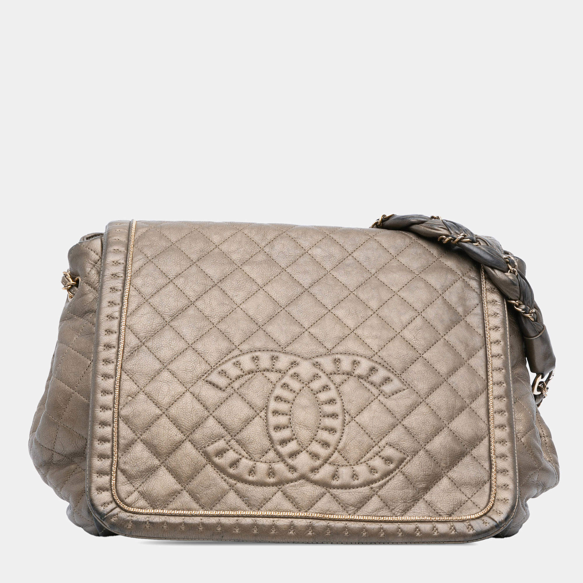 مملوكة مسبقًا حقيبة شانيل فلاب أكورديون كبيرة مبطنة جلد العجل ميتاليك بني اسطنبول