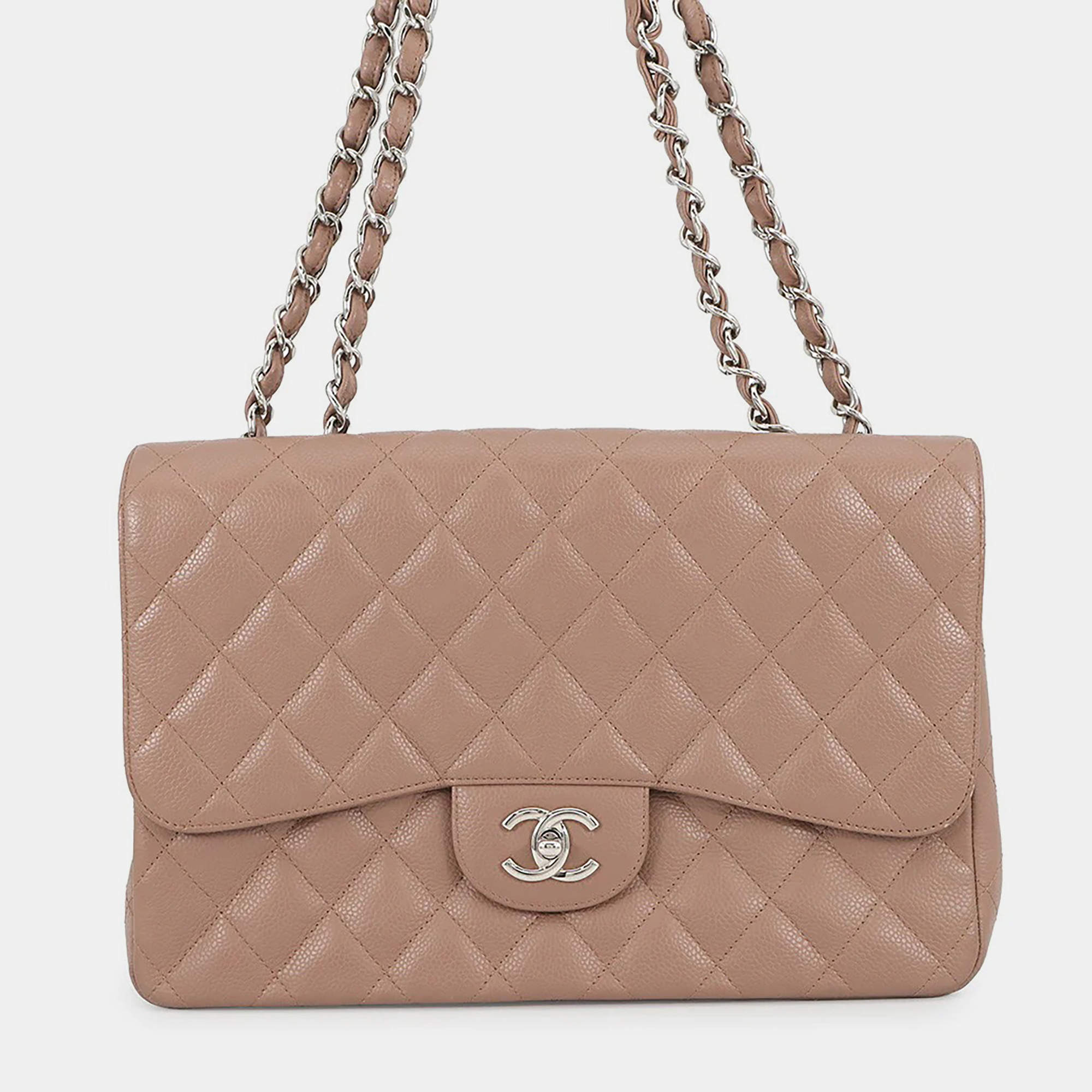 Pre Owned Chanel Matelasse Single Flap Chain shoulder Jasmin Flower Caviar Leather Size 30