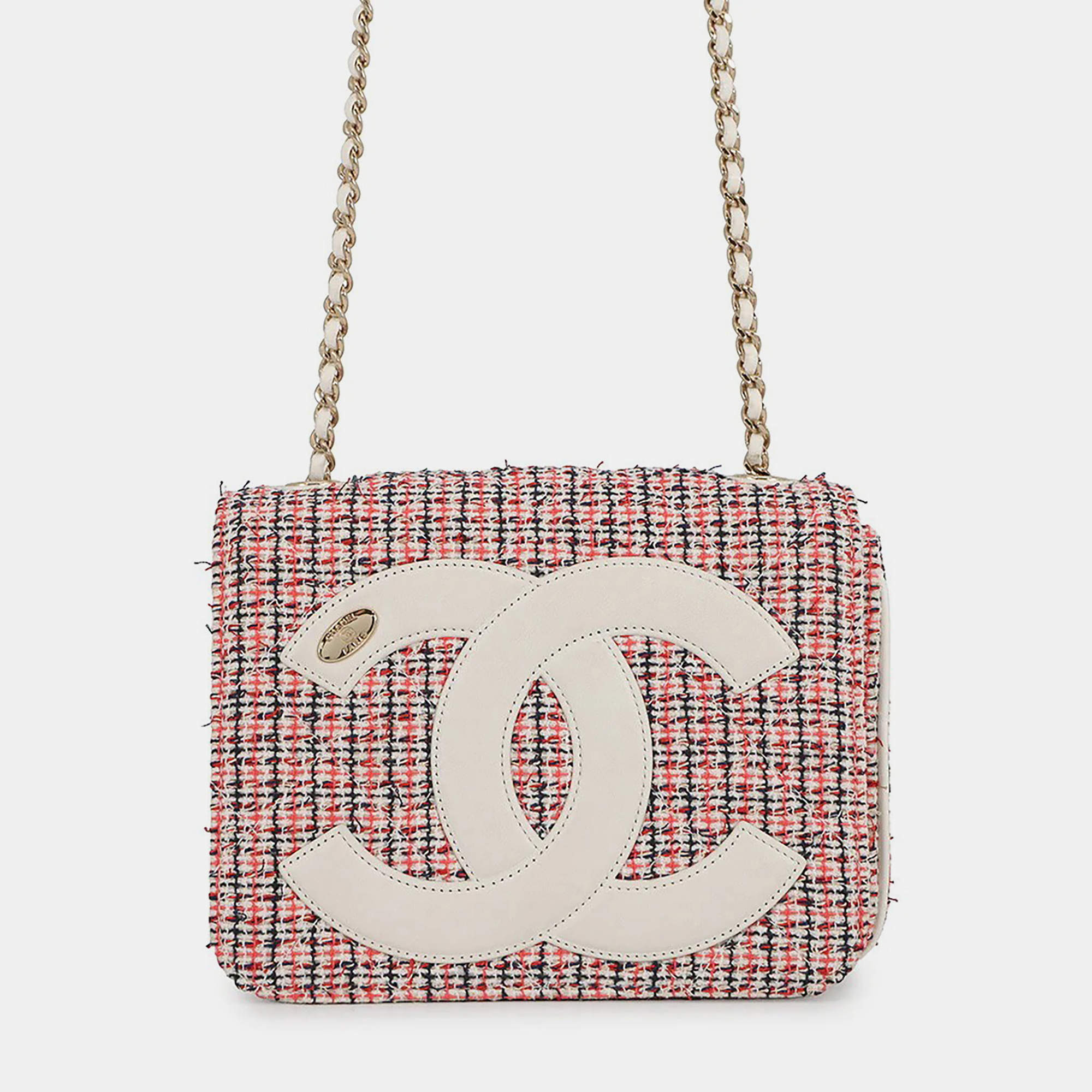 Pre Owned حقيبة كتف شانيل سي سي بشعار رفرف سلسلة جلد تويد أبيض/متعدد الألوان