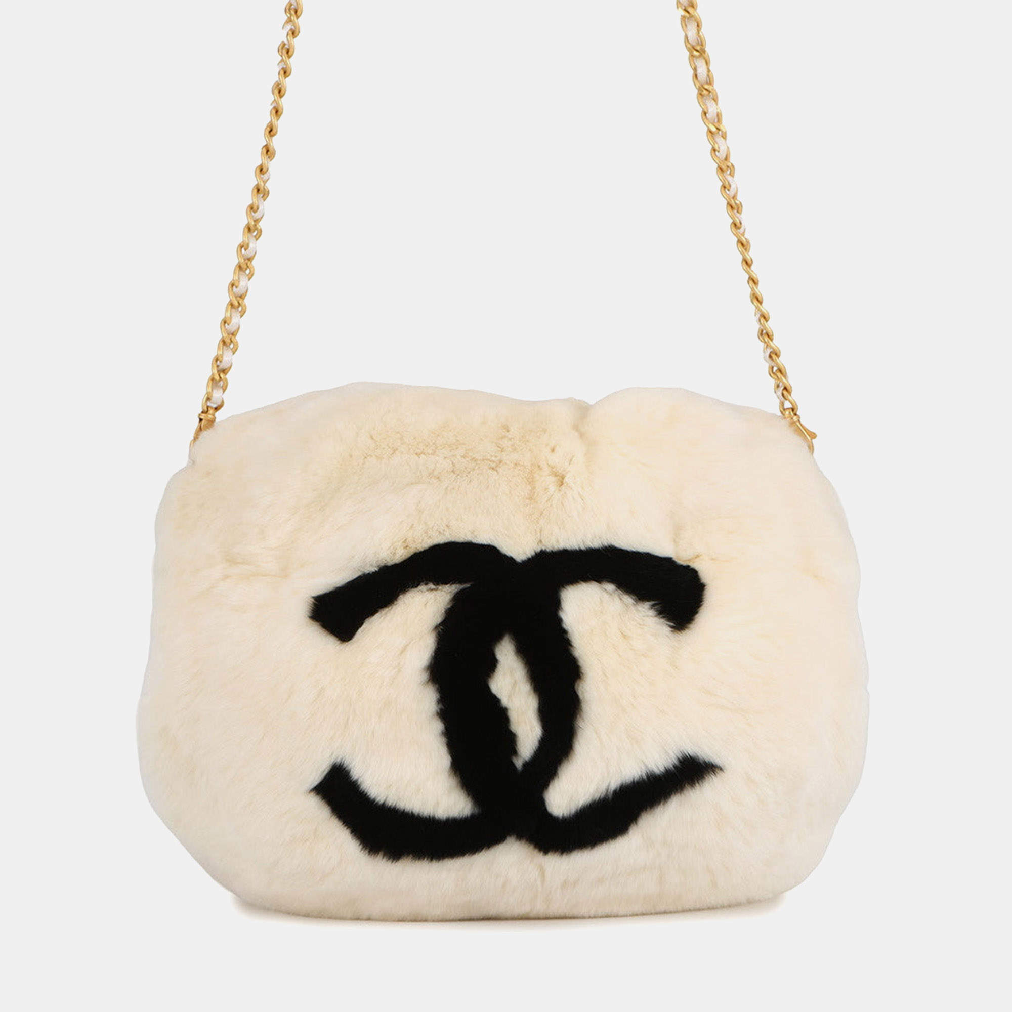 Pre Owned Chanel Fur Arm Warmer Chain Shoulder Bag White/Black Lapin