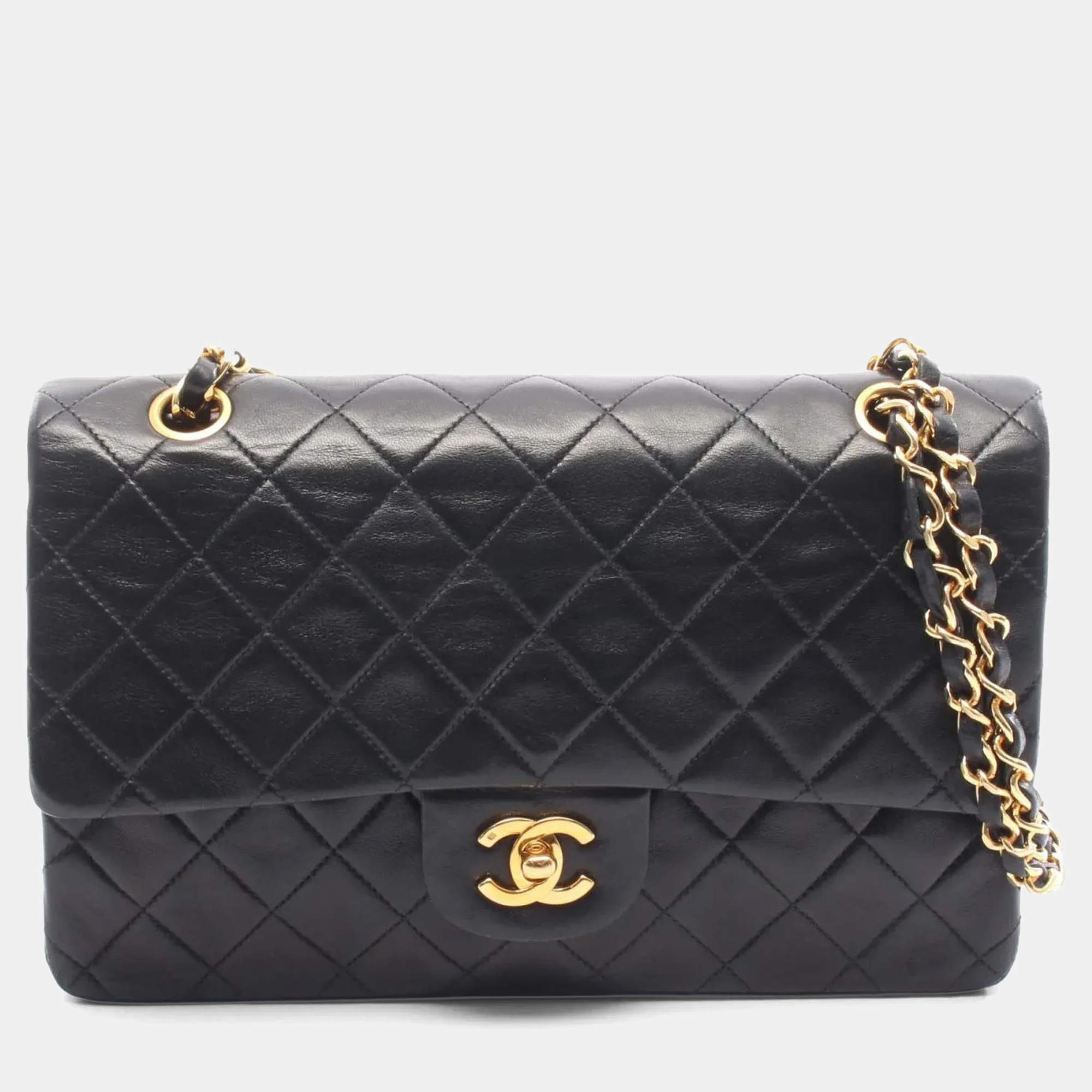 Pre Owned Chanel Matelasse Double Flap Shoulder Bag In Lambskin Leather Black