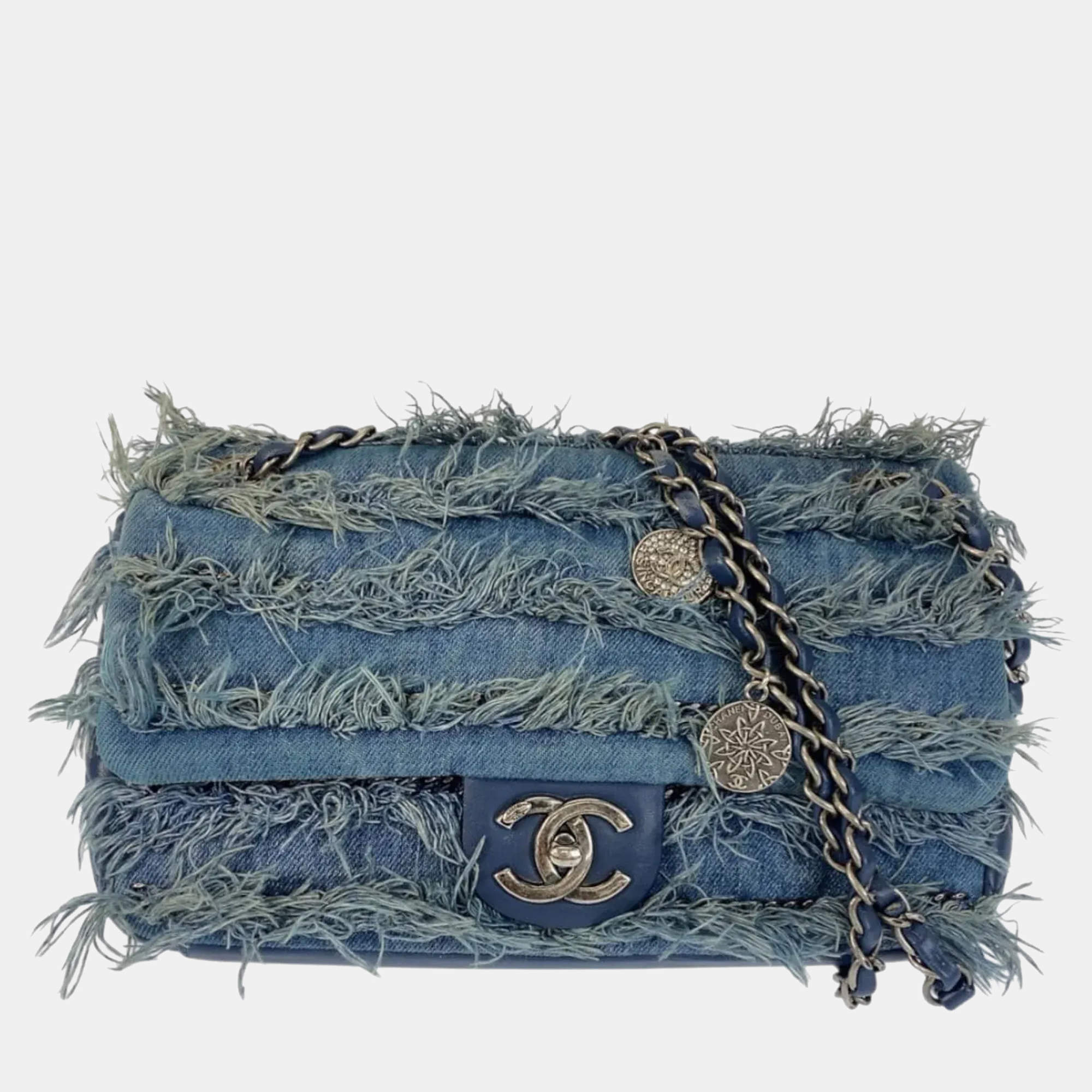 Pre Owned Chanel Coco Mark Turn Lock Blue Silver Hardware Denim Leather Chain Shoulder Bag