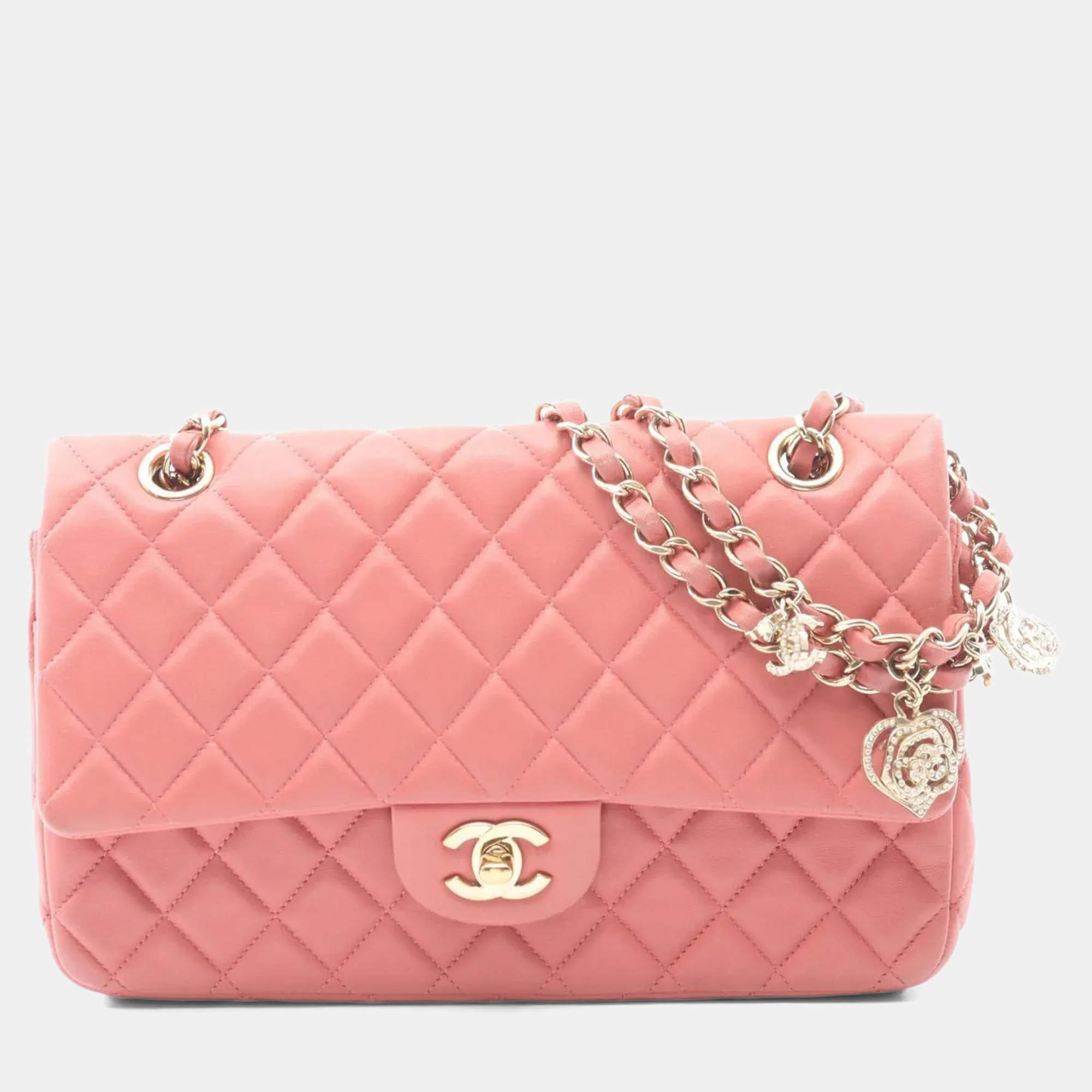 Pre Owned Chanel Matelasse Single Flap Shoulder Bag In Lambskin Leather Pink