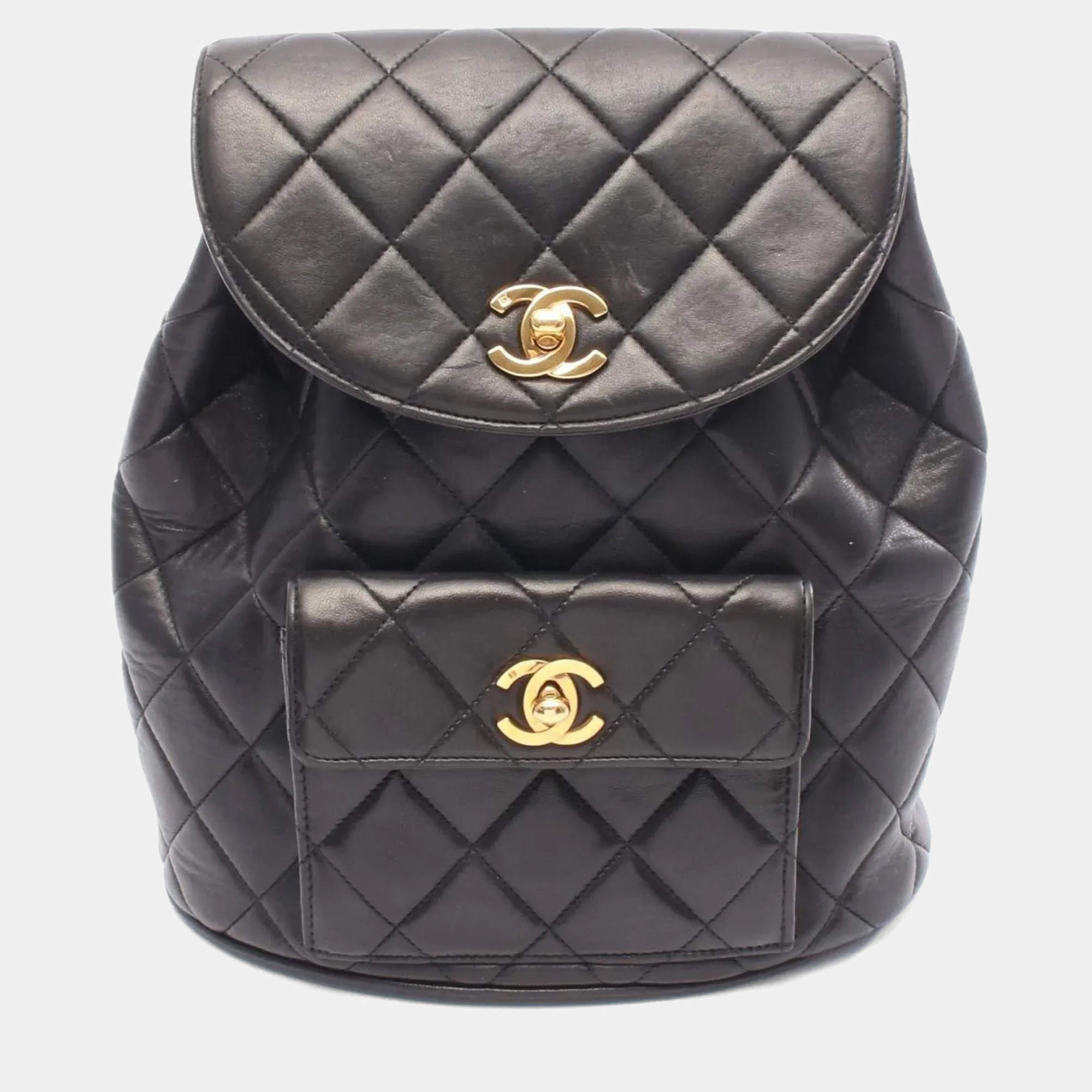 Pre Owned Chanel Matelasse Backpack Bag In Lambskin Leather Black