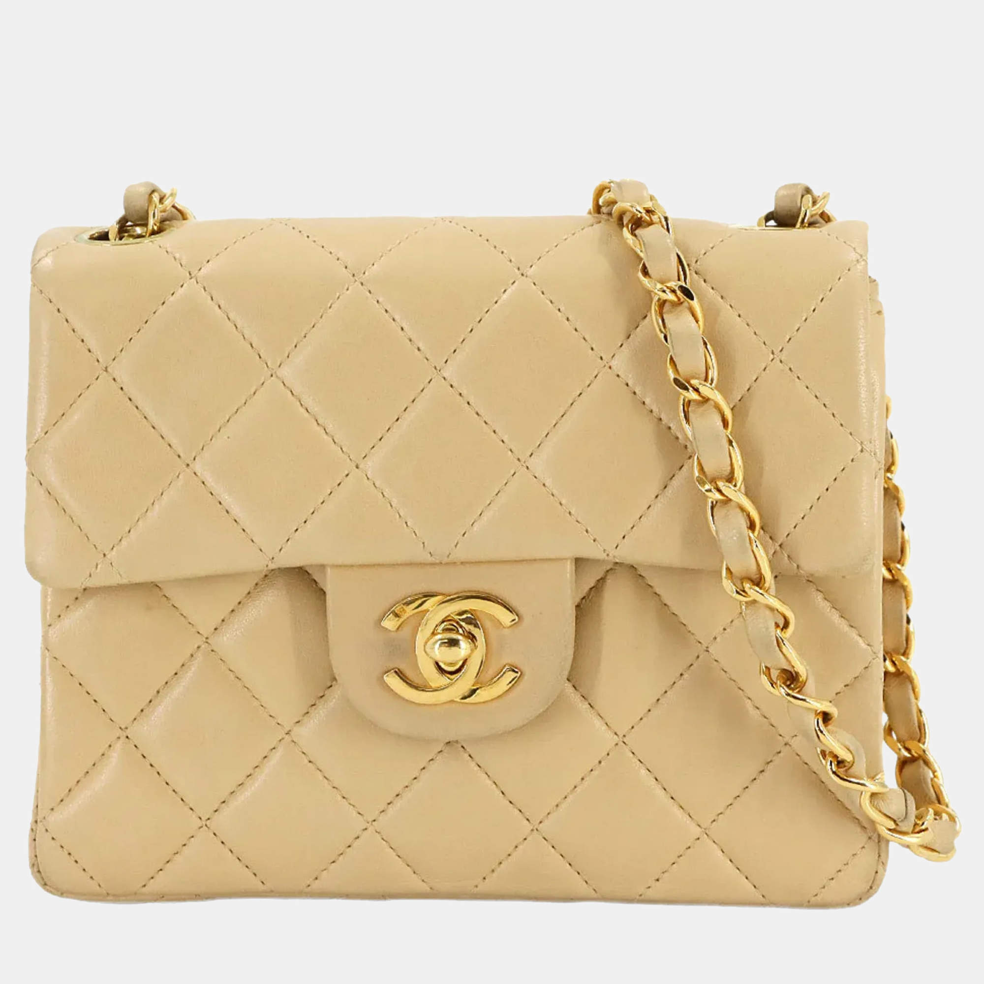 Pre Owned Chanel Mini Matelasse Chain Shoulder Bag Beige Lambskin Coco Mark