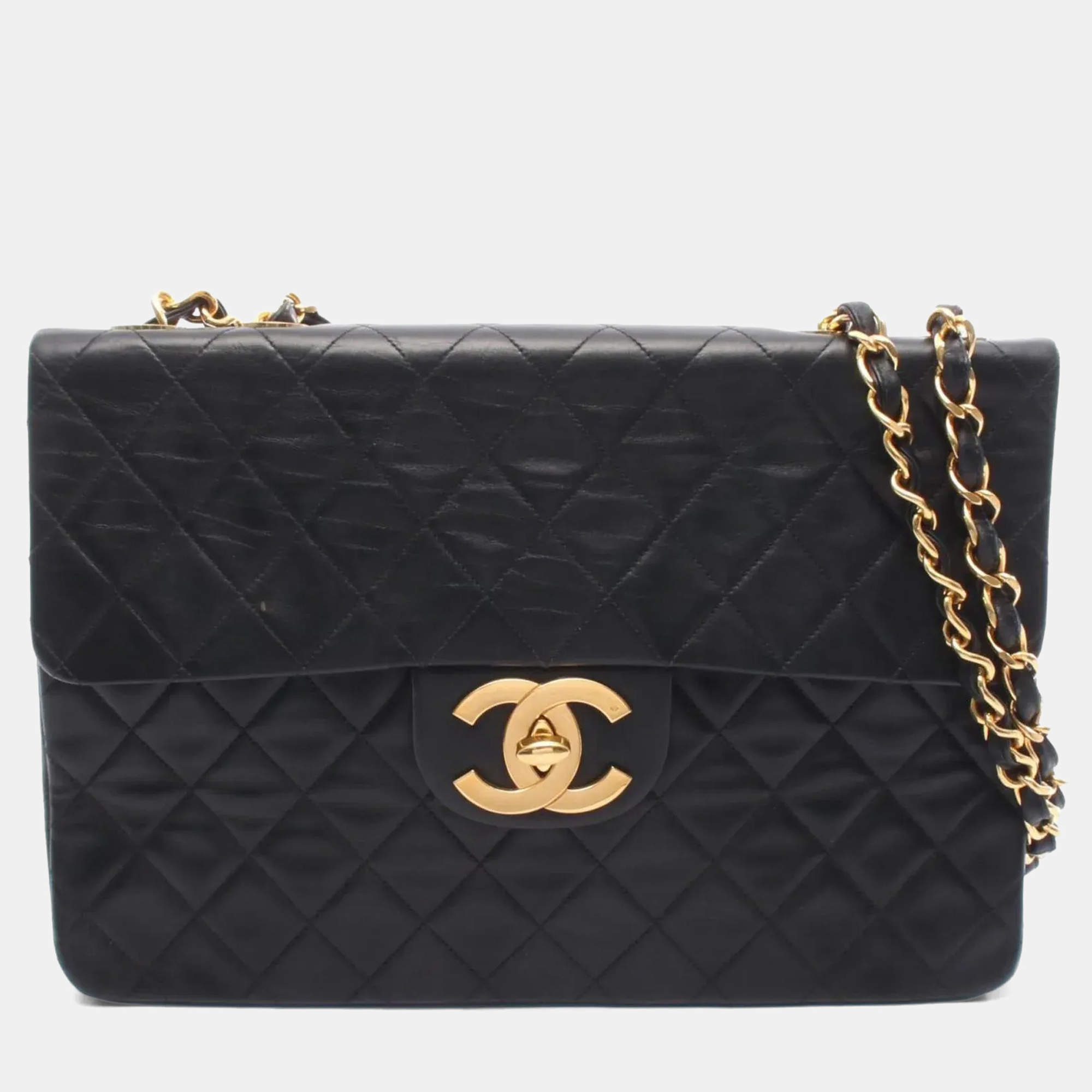 مملوكة مسبقًا Chanel Deca Matelasse 34 Single Flap Shoulder Bag In Lambskin Leather Black