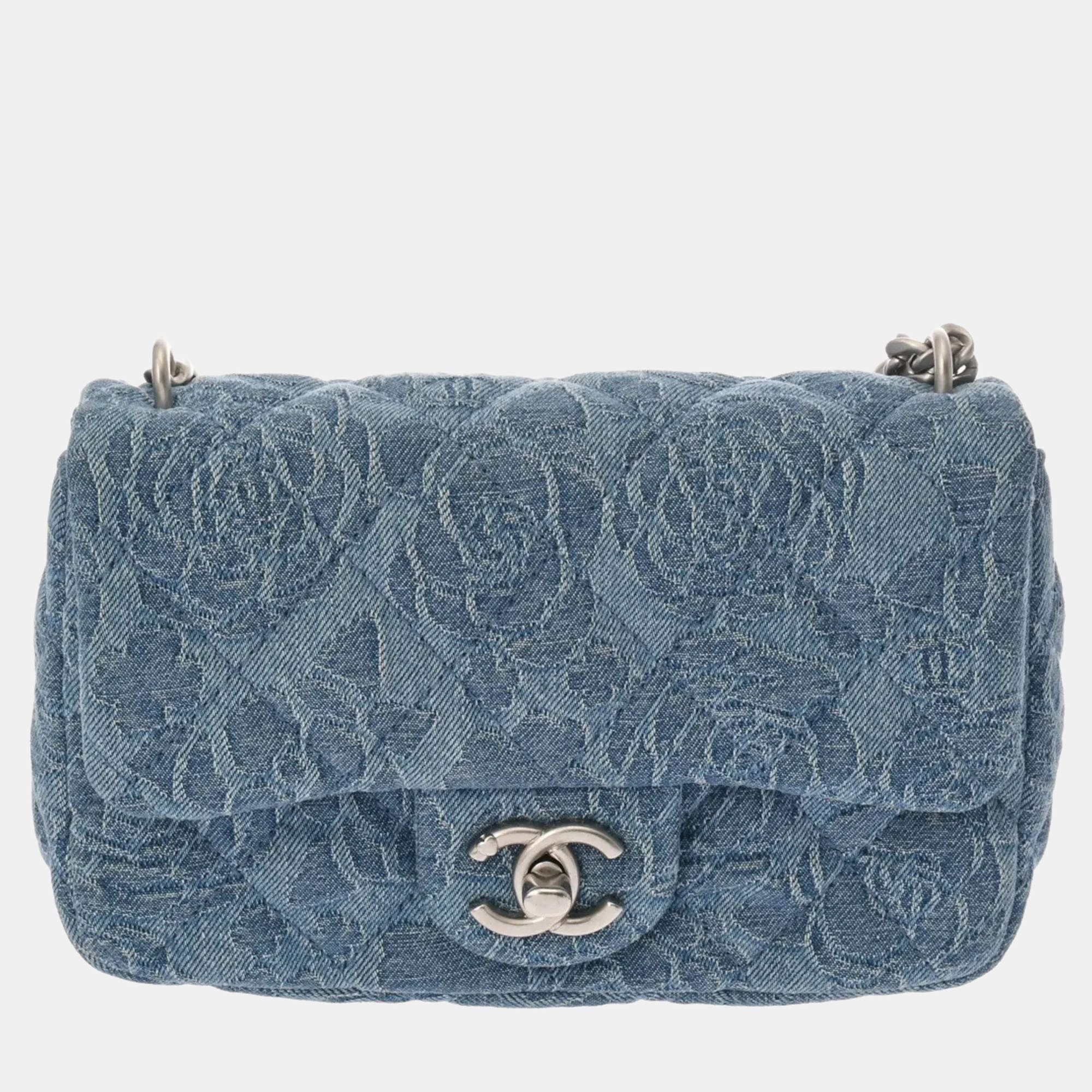Pre Owned Chanel Matelasse Mini Flap Bag Blue Denim