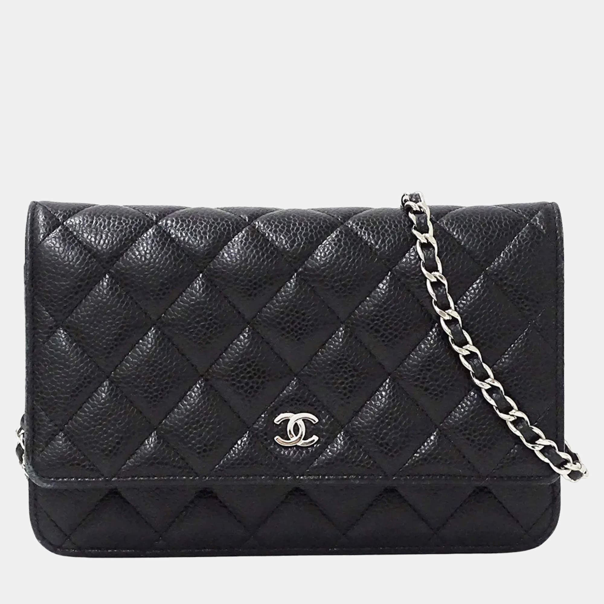Pre Owned Chanel Matelasse Wallet With Chain Caviar Skin Black Chain Bag
