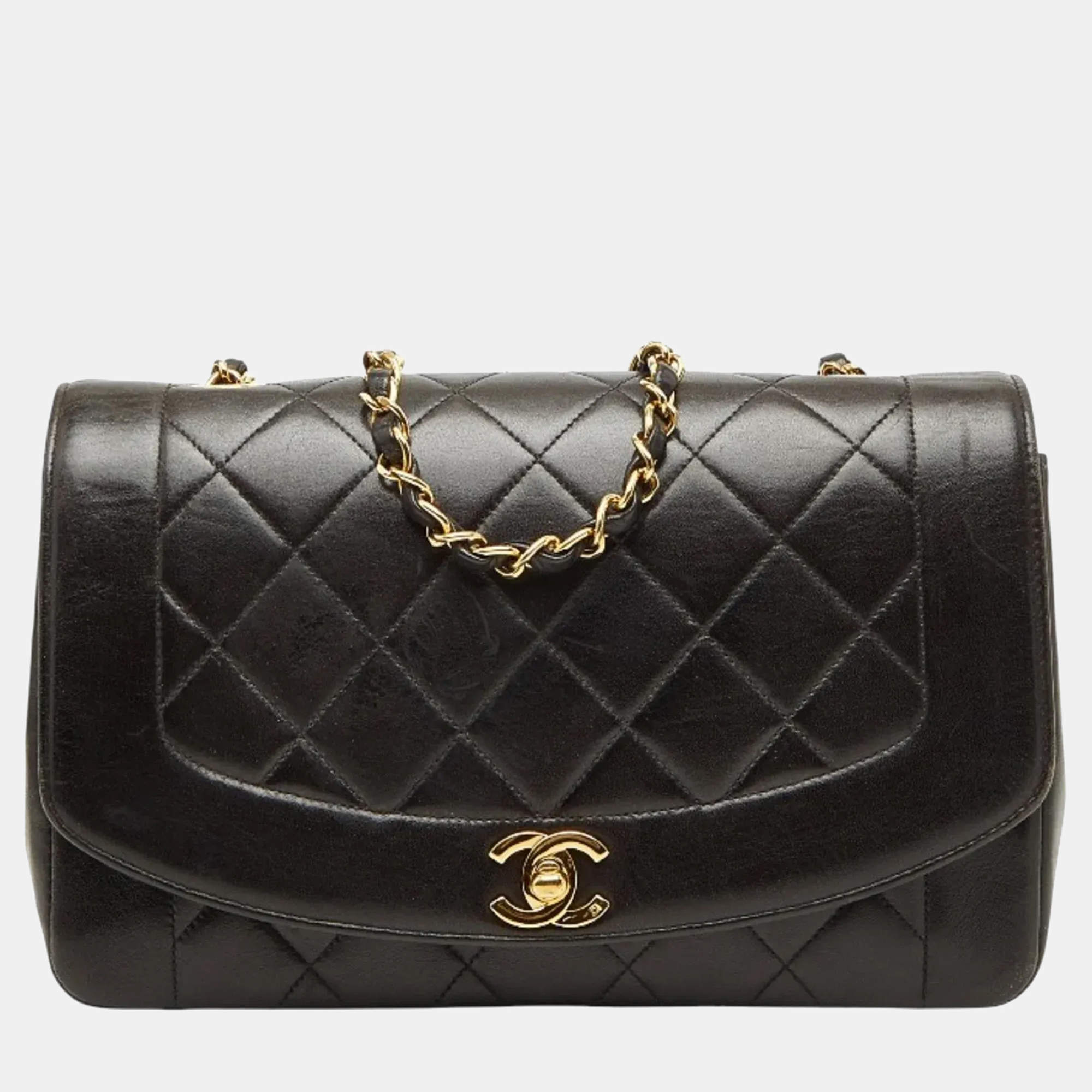 Pre Owned حقيبة شانيل كوكو ديانا 23 سلسلة كتف جلد أسود ماتلاسي