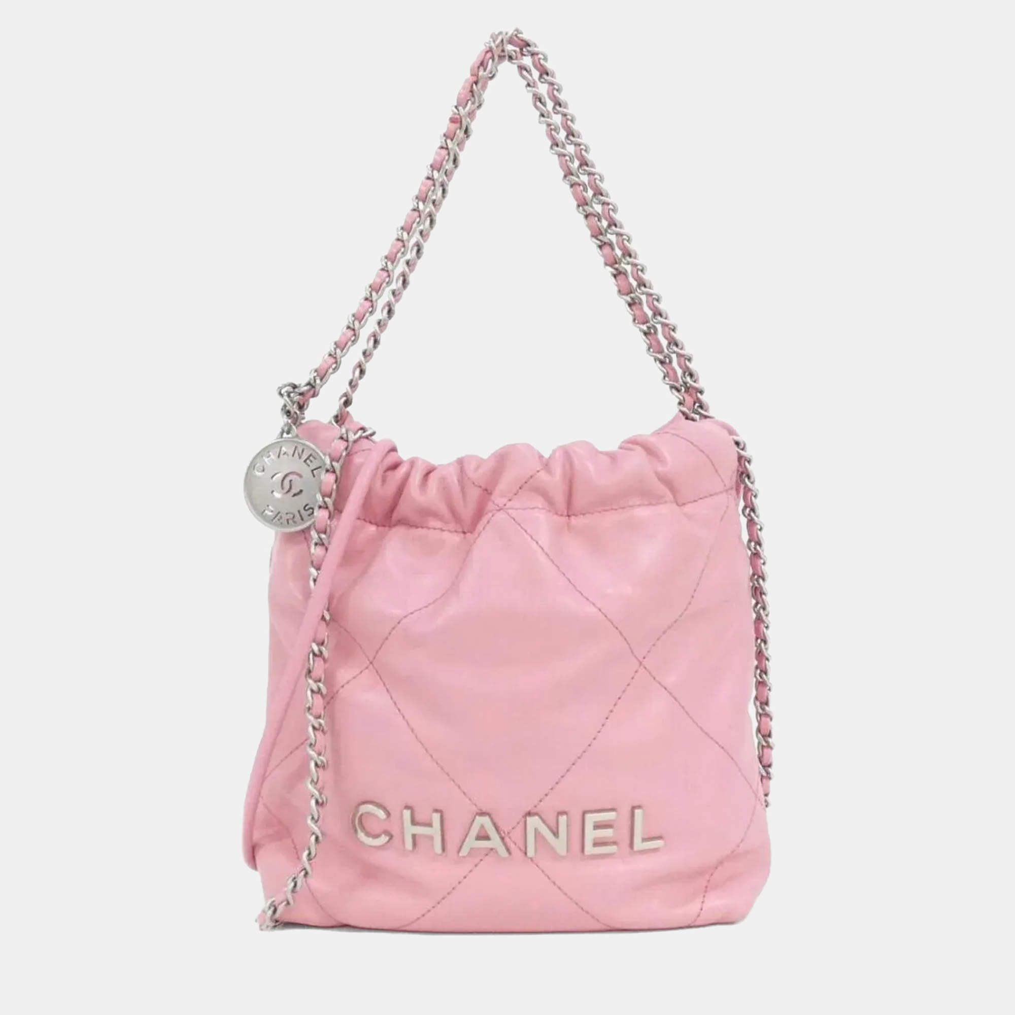 Pre Owned Chanel 22 Line Mini Pink Leather Handbag