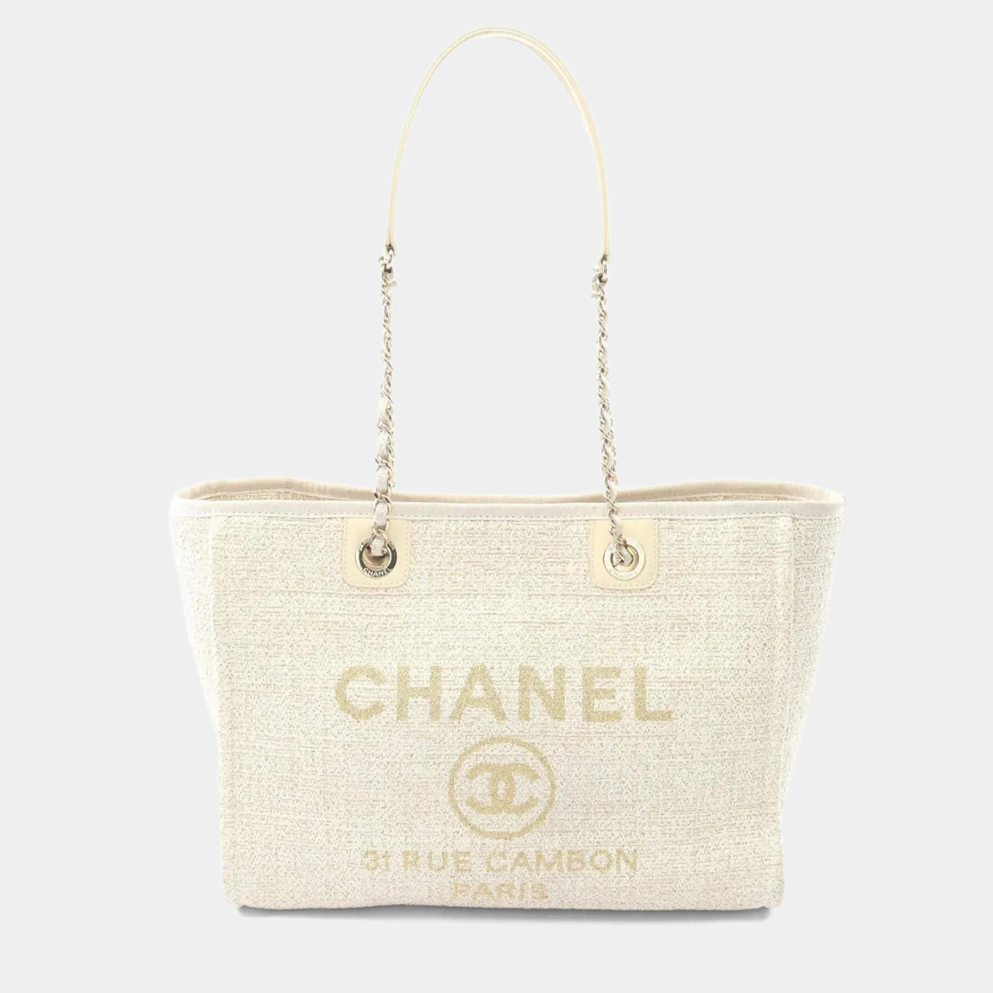 Pre Owned Chanel Deauville White Leather Straw Tote Bag