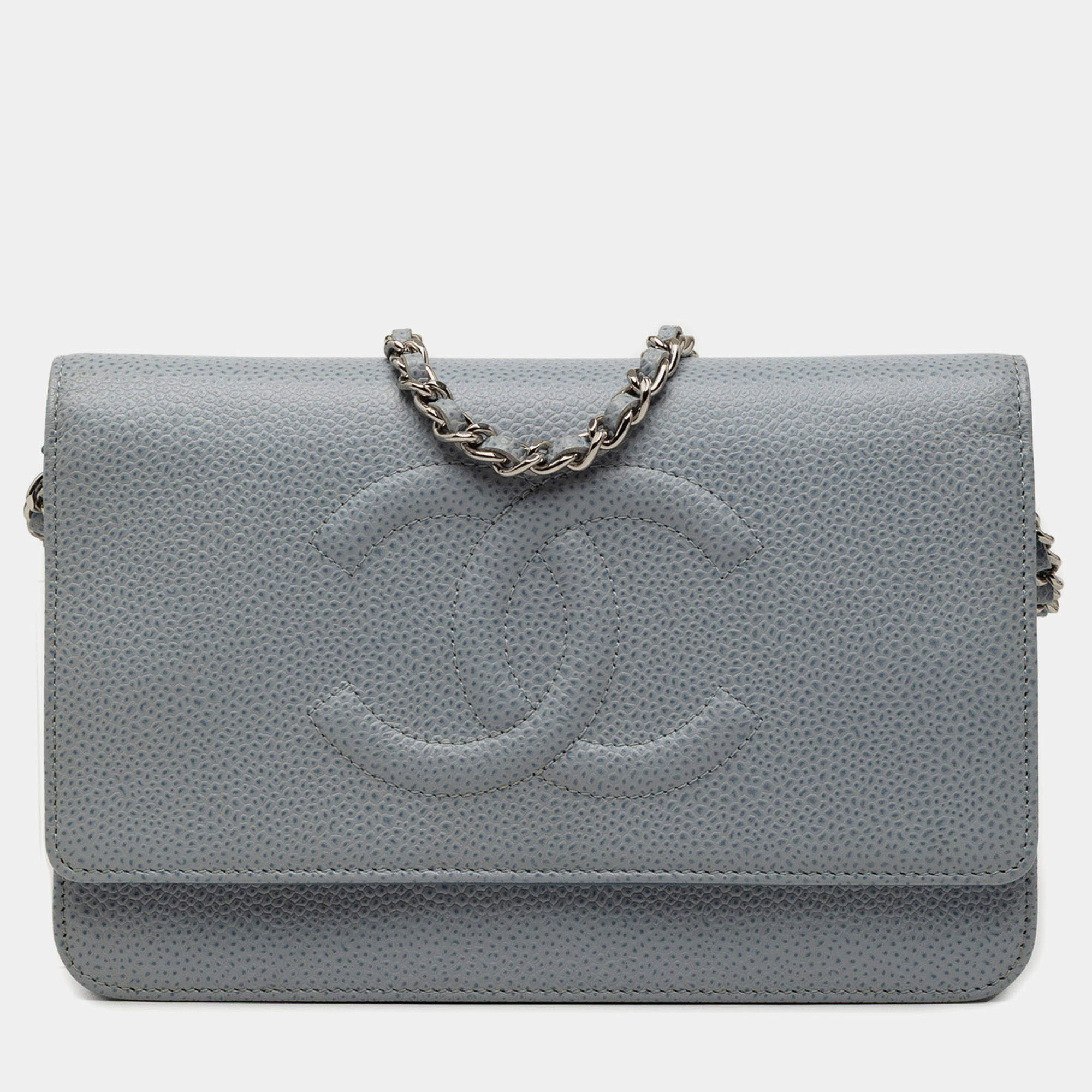 Pre Owned Chanel Grey CC Caviar Wallet On Chain