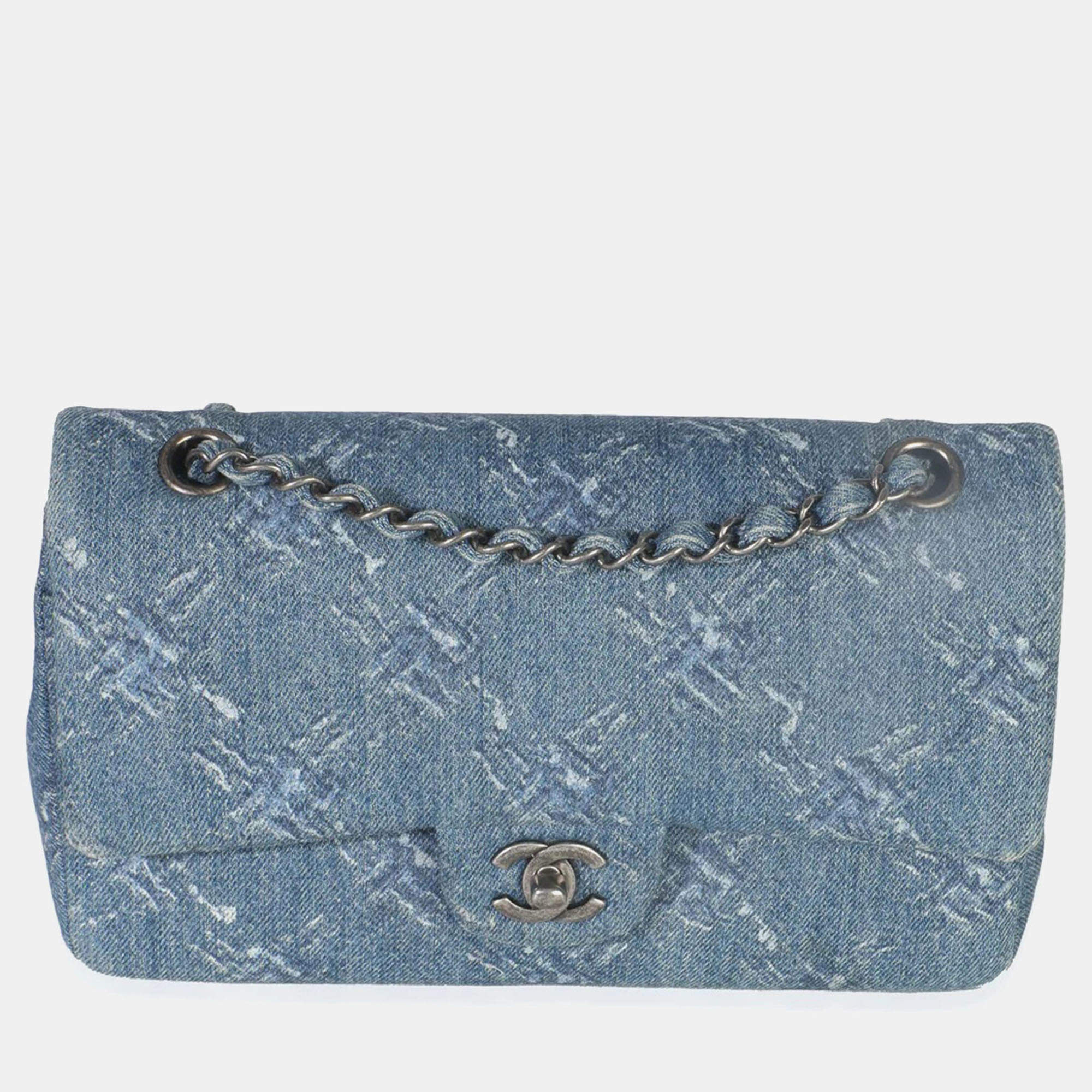 Pre Owned Chanel Blue Bleached Chain Printed Denim Medium Classic Double Flap Bag