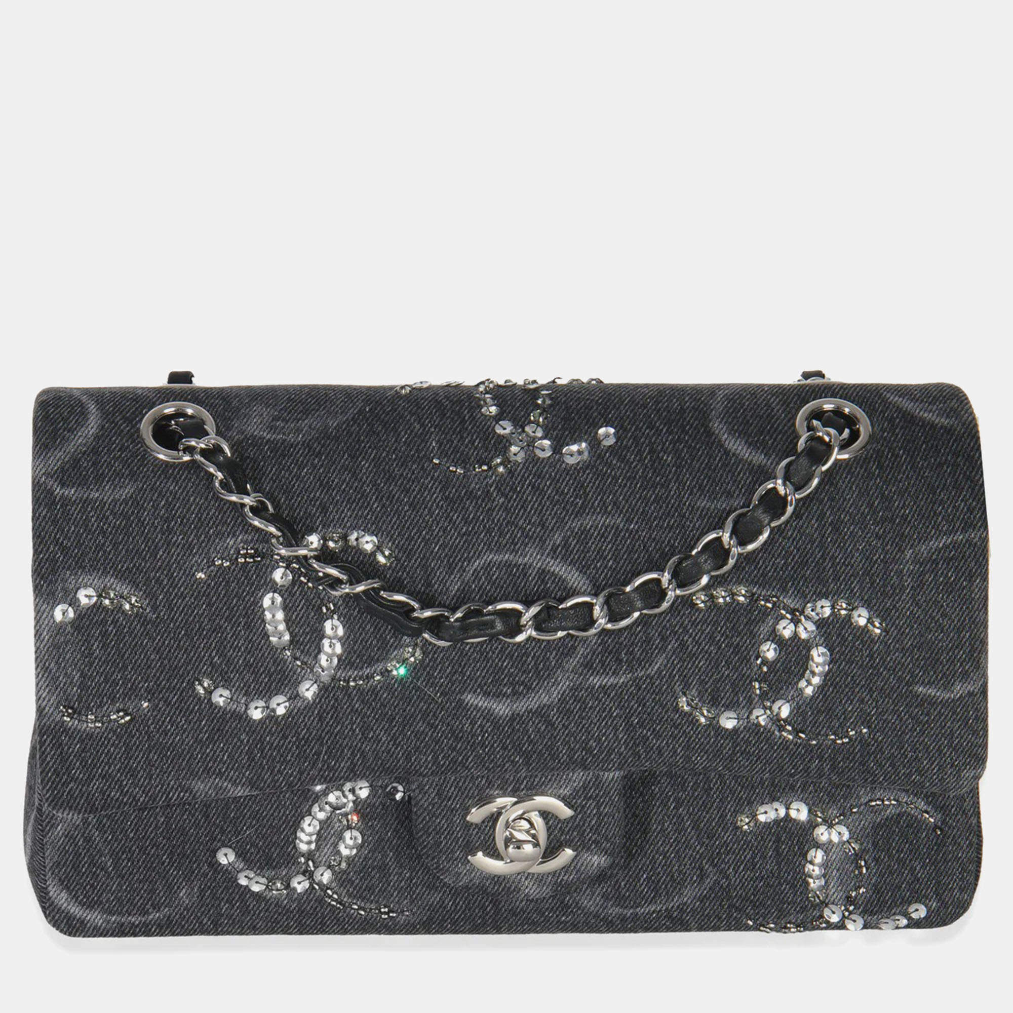 Pre Owned Chanel Black Denim Sequin CC Medium Classic Double Flap Bag
