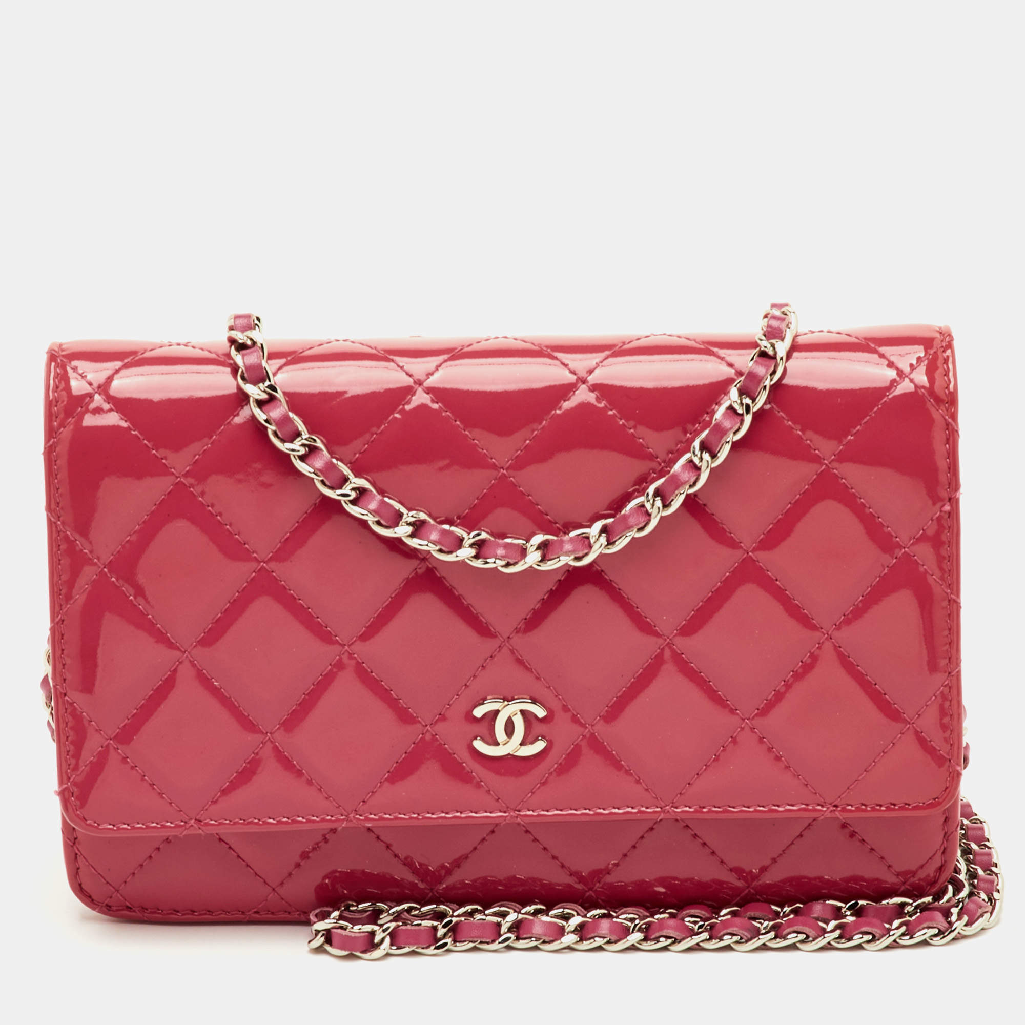 Pre Owned Chanel WOC Pink Quilted Patent Leather Wallet On Chain