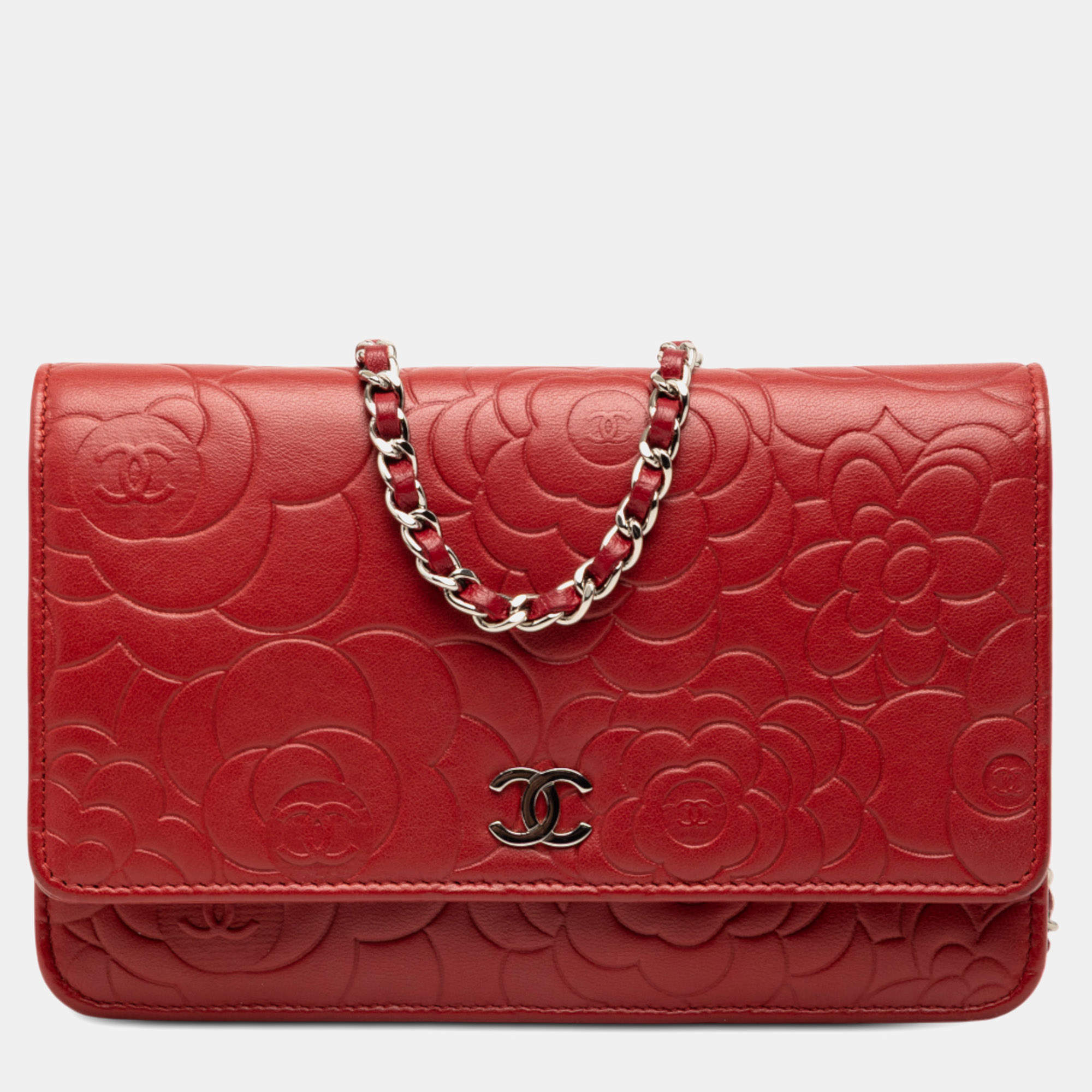 Pre Owned حقيبة كتف شانيل كامليا جلد خروف أحمر مطبوع CC