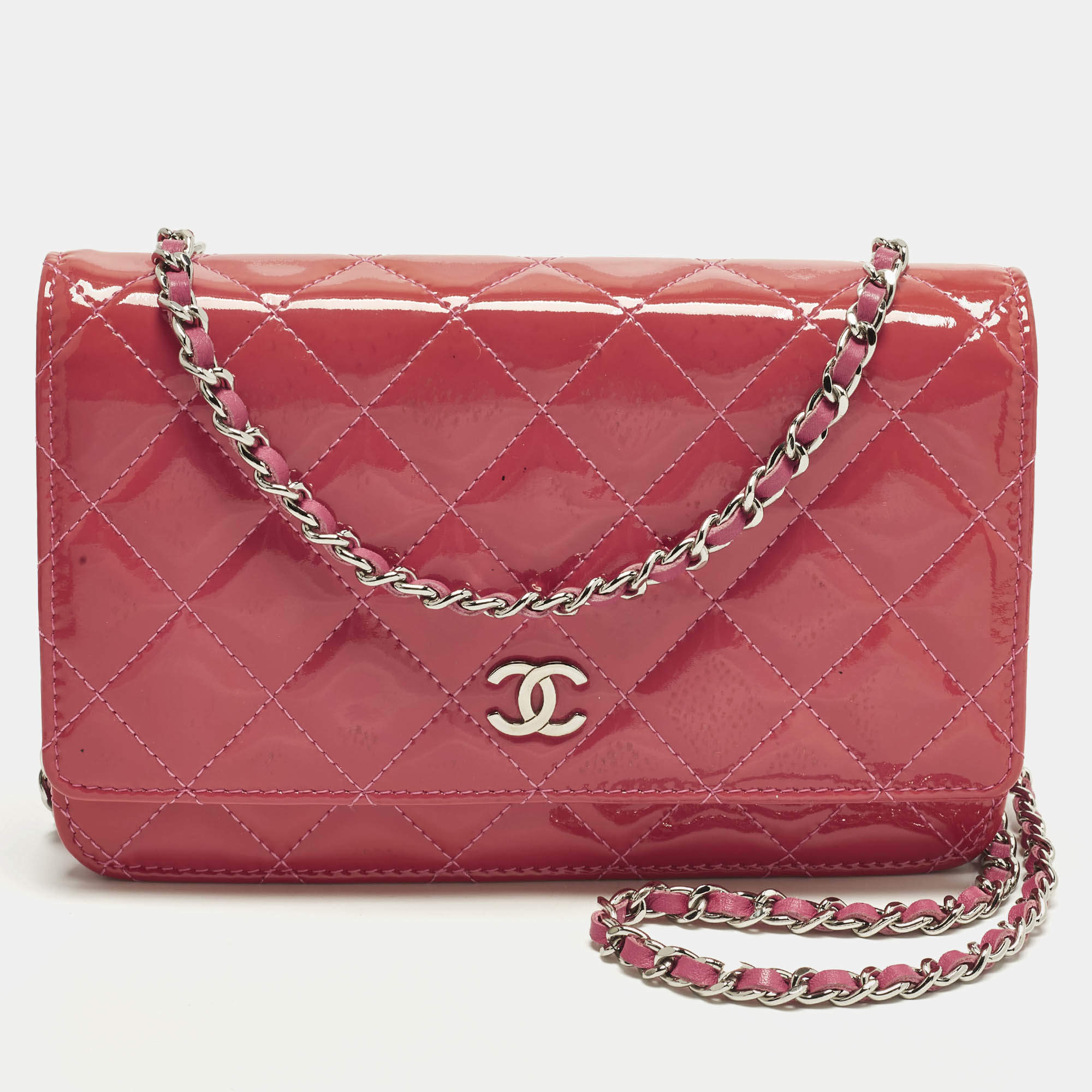 Pre Owned Chanel Classic Pink Quilted Patent and Leather Wallet On Chain