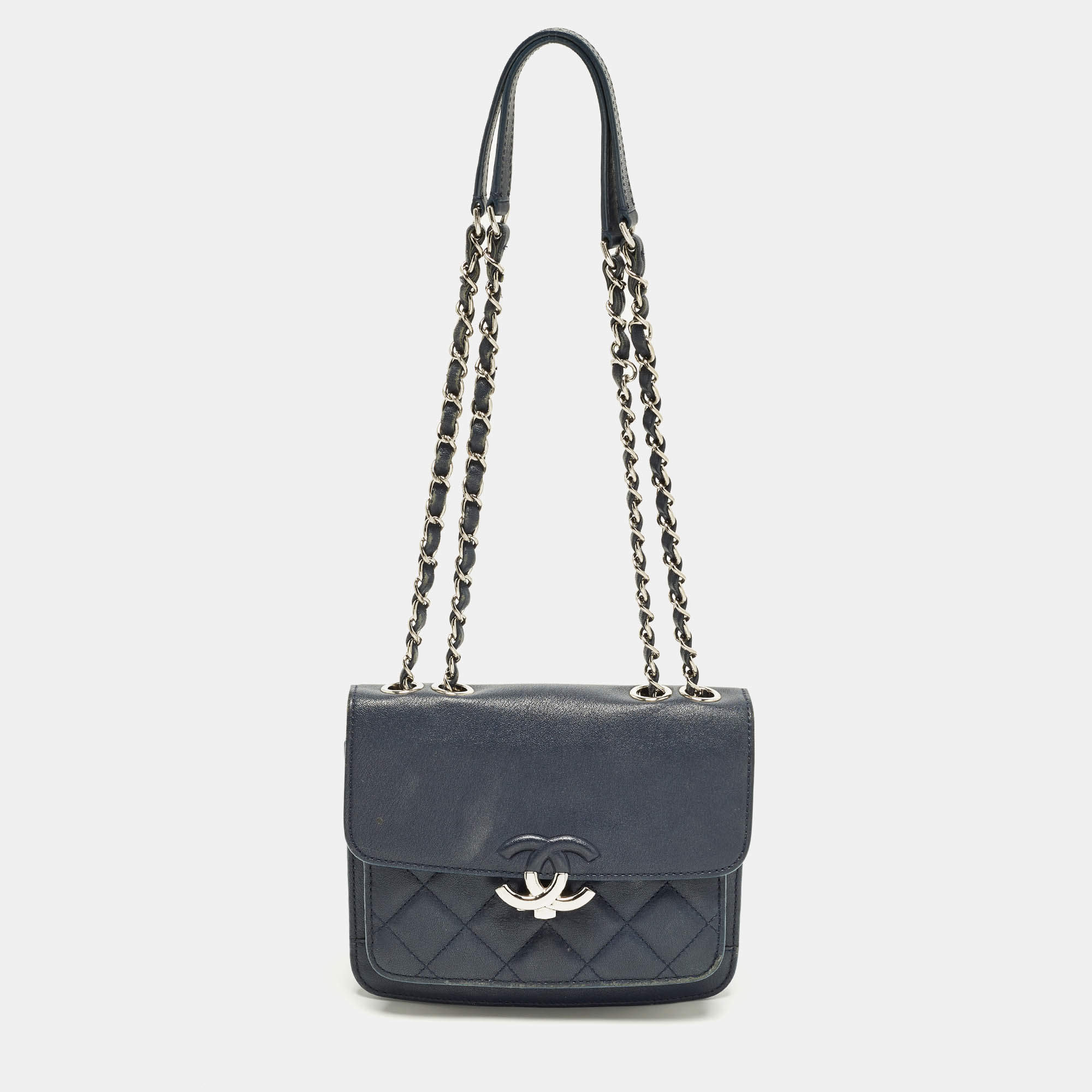 Pre Owned Chanel CC Box Flap Navy Blue Quilted Leather Bag