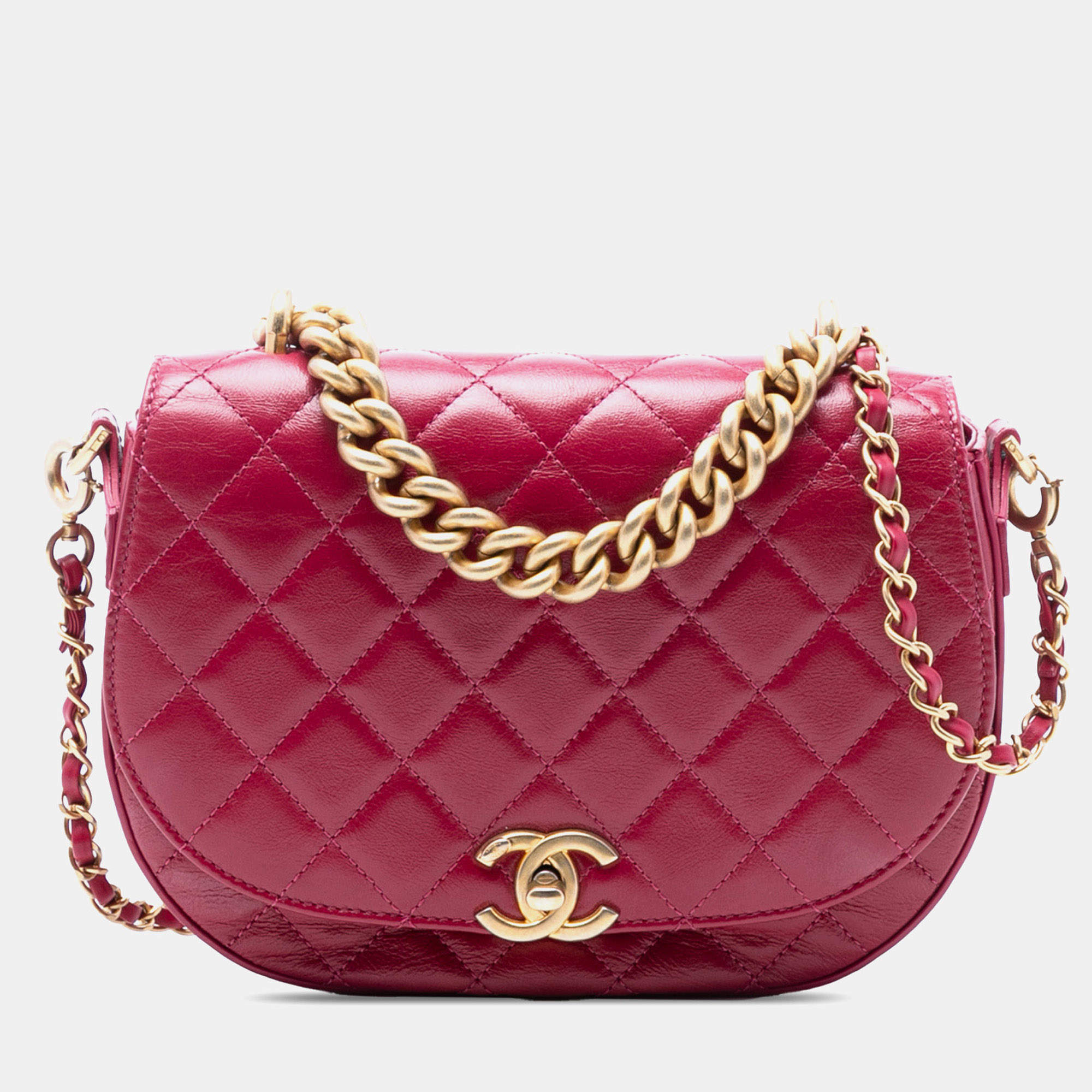 Pre Owned Chanel Pink CC Quilted Shiny Calfskin Single Flap