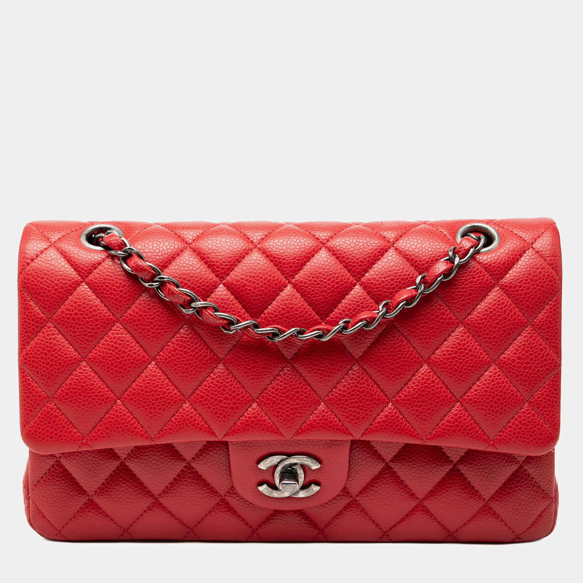 Pre Owned حقيبة كتف شانيل كلاسيك كافيار فلاپ مزدوج أحمر بحجم متوسط
