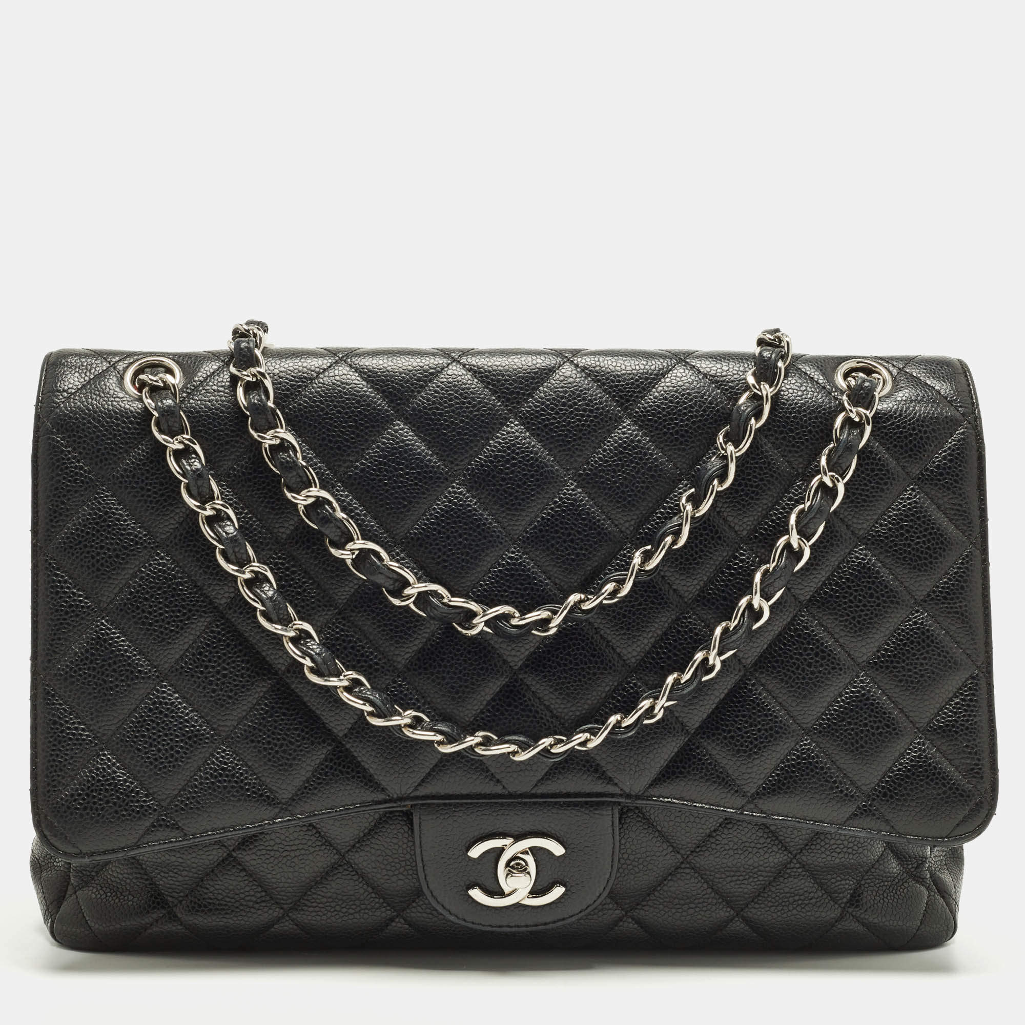 Pre Owned Chanel Classic Single Flap Maxi Black Caviar Quilted Leather Bag