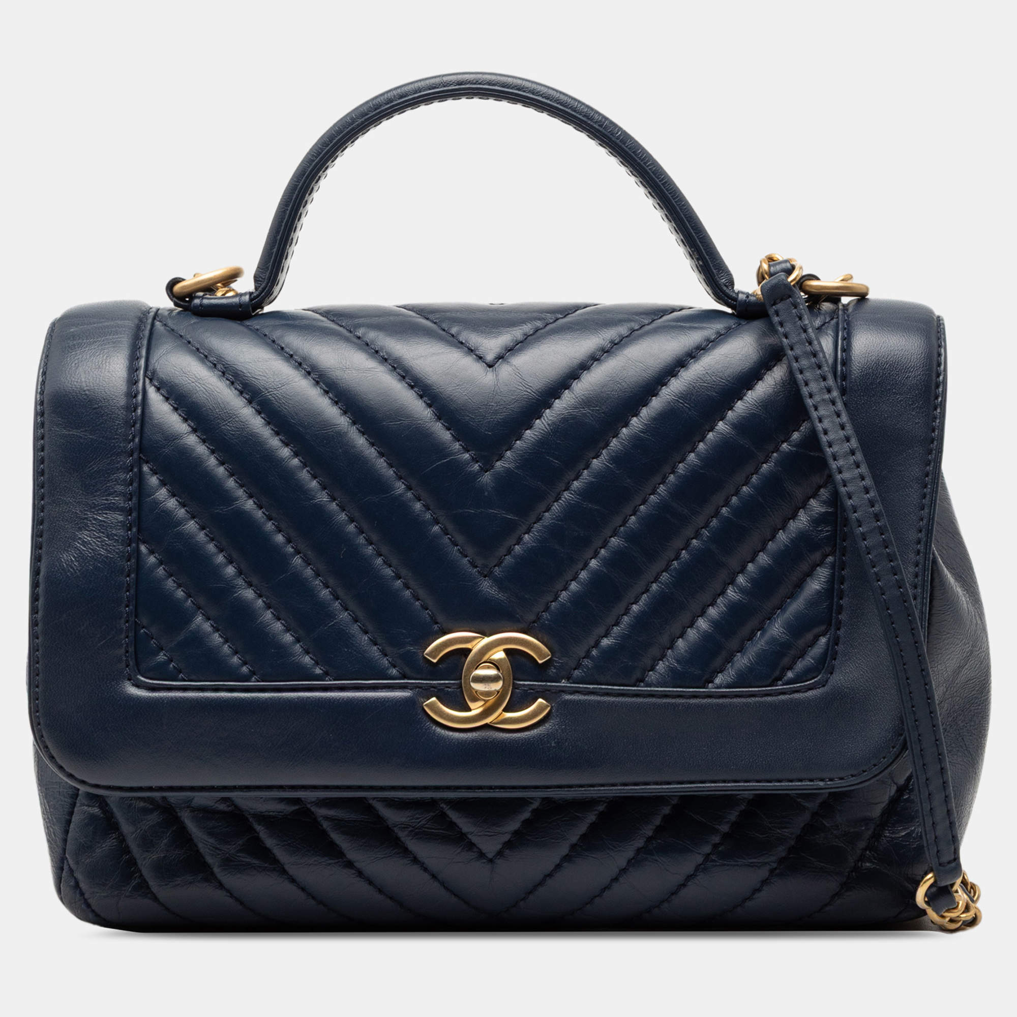 مملوكة مسبقًا Chanel Blue CC Chevron Aged Calfskin Top Handle Flap