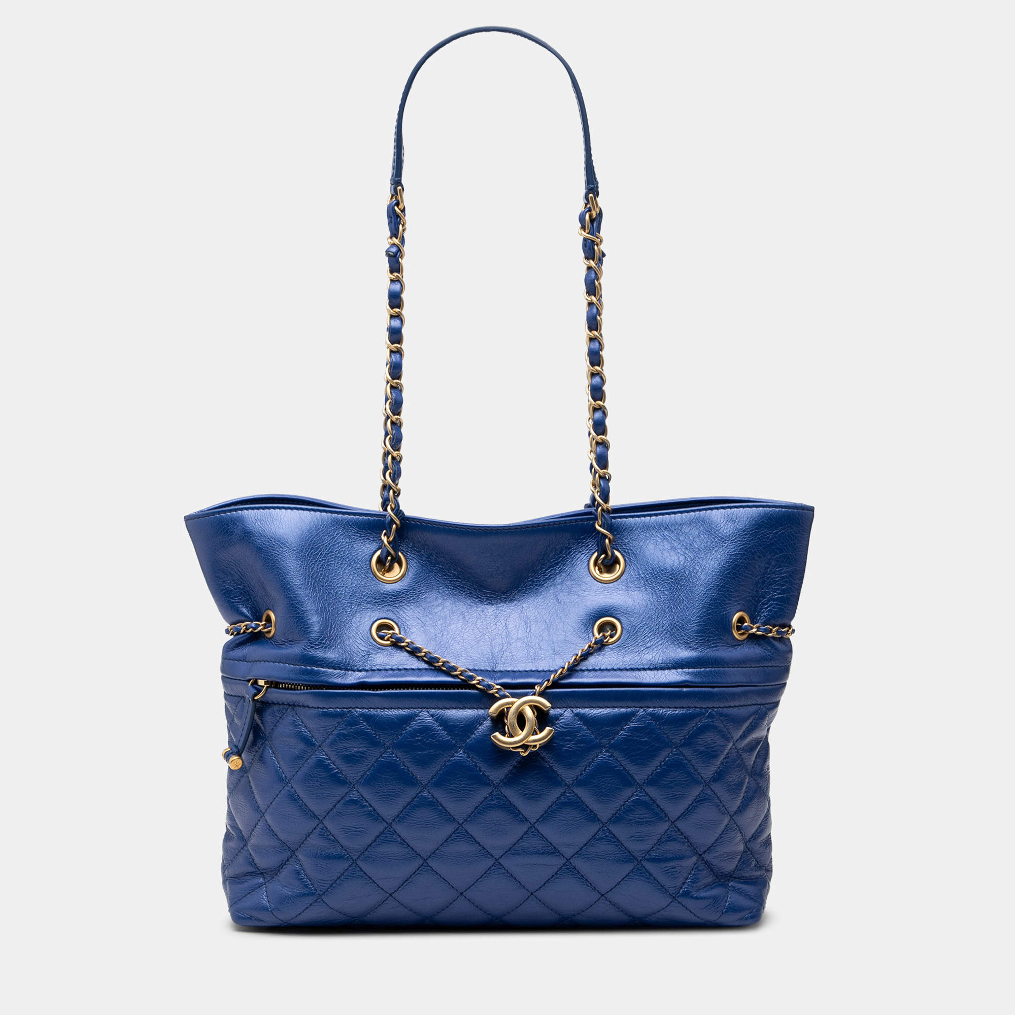 مملوكة مسبقًا حقيبة توت شانيل جلد ساق البط باللون الأزرق برباط مع سلسلة وسحاب أمامي