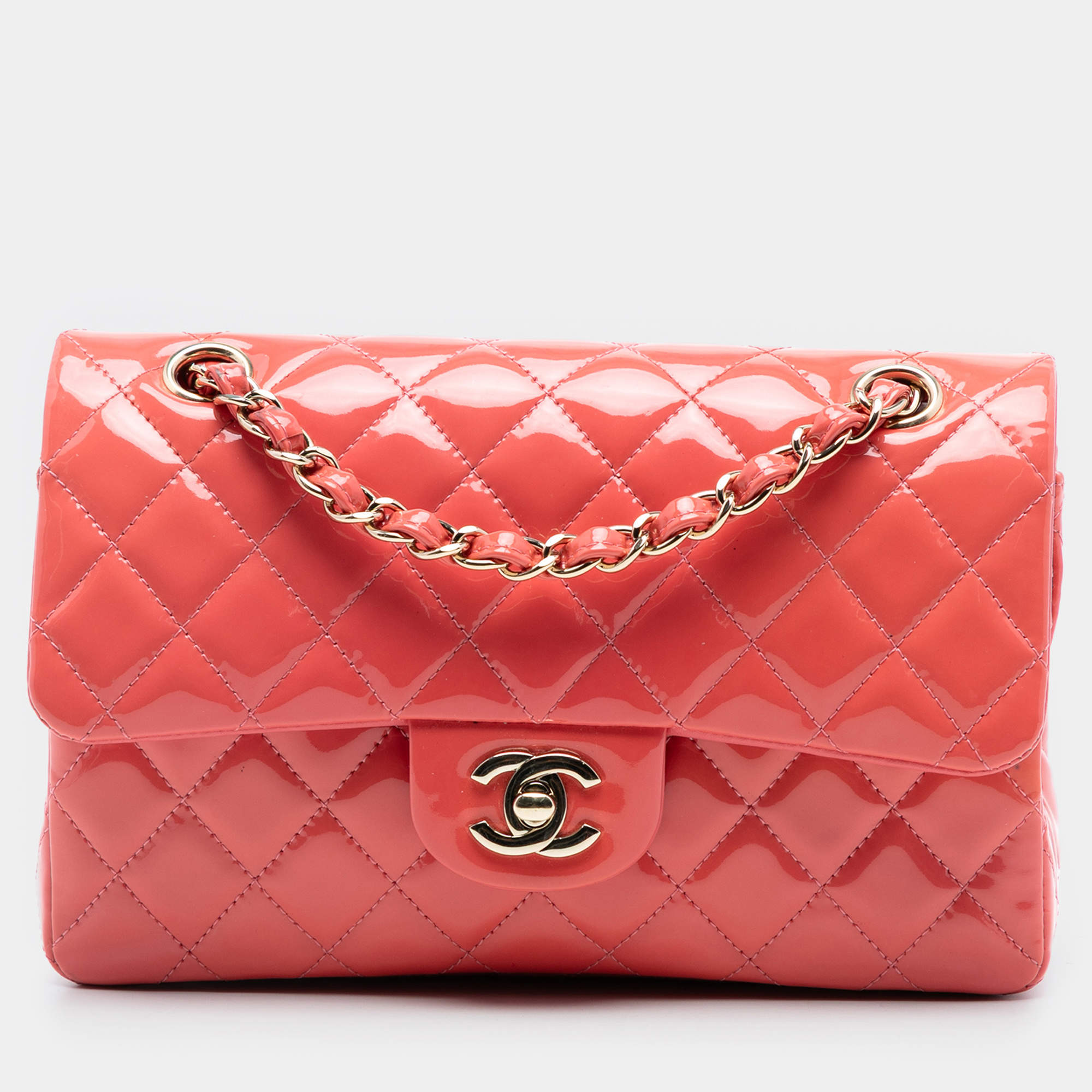 Pre Owned Chanel Pink Small Classic Patent Double Flap