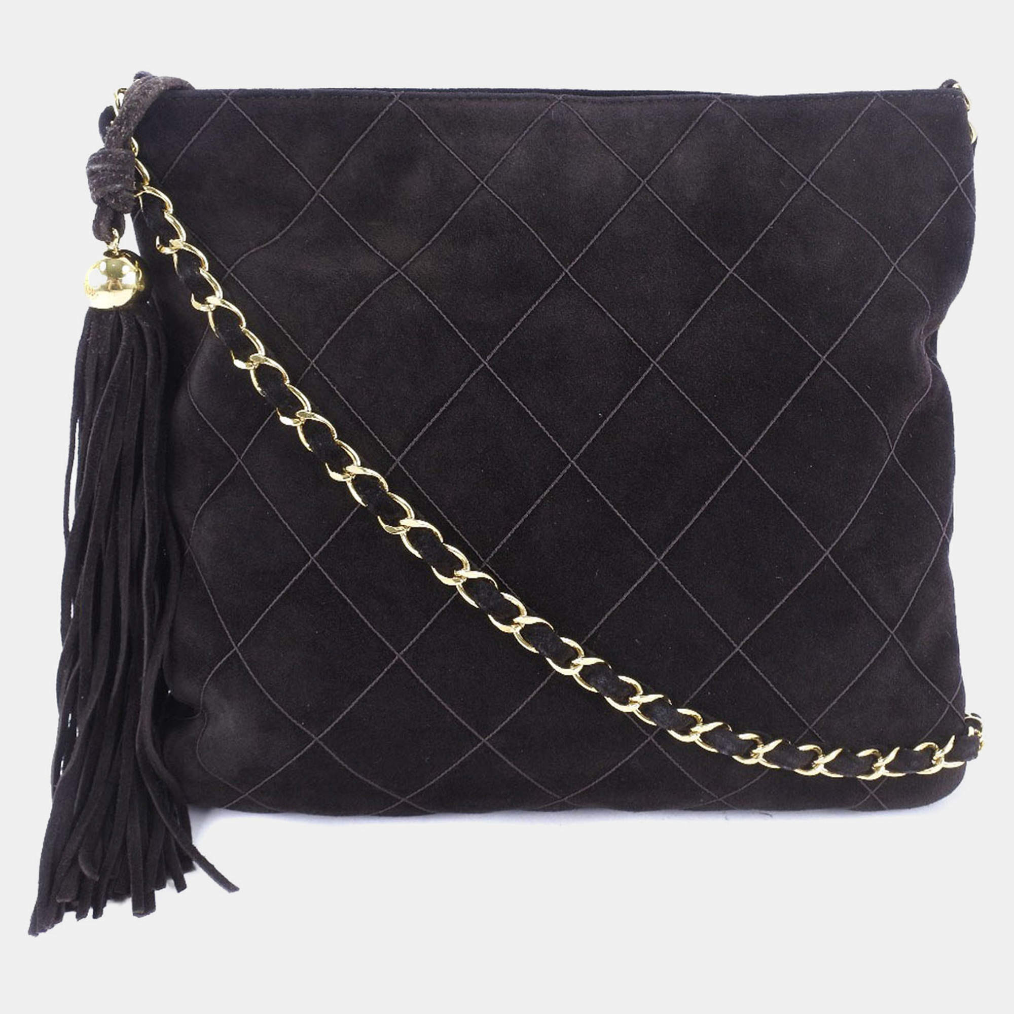 Pre Owned Chanel Brown Quilted Suede Tassel Crossbody